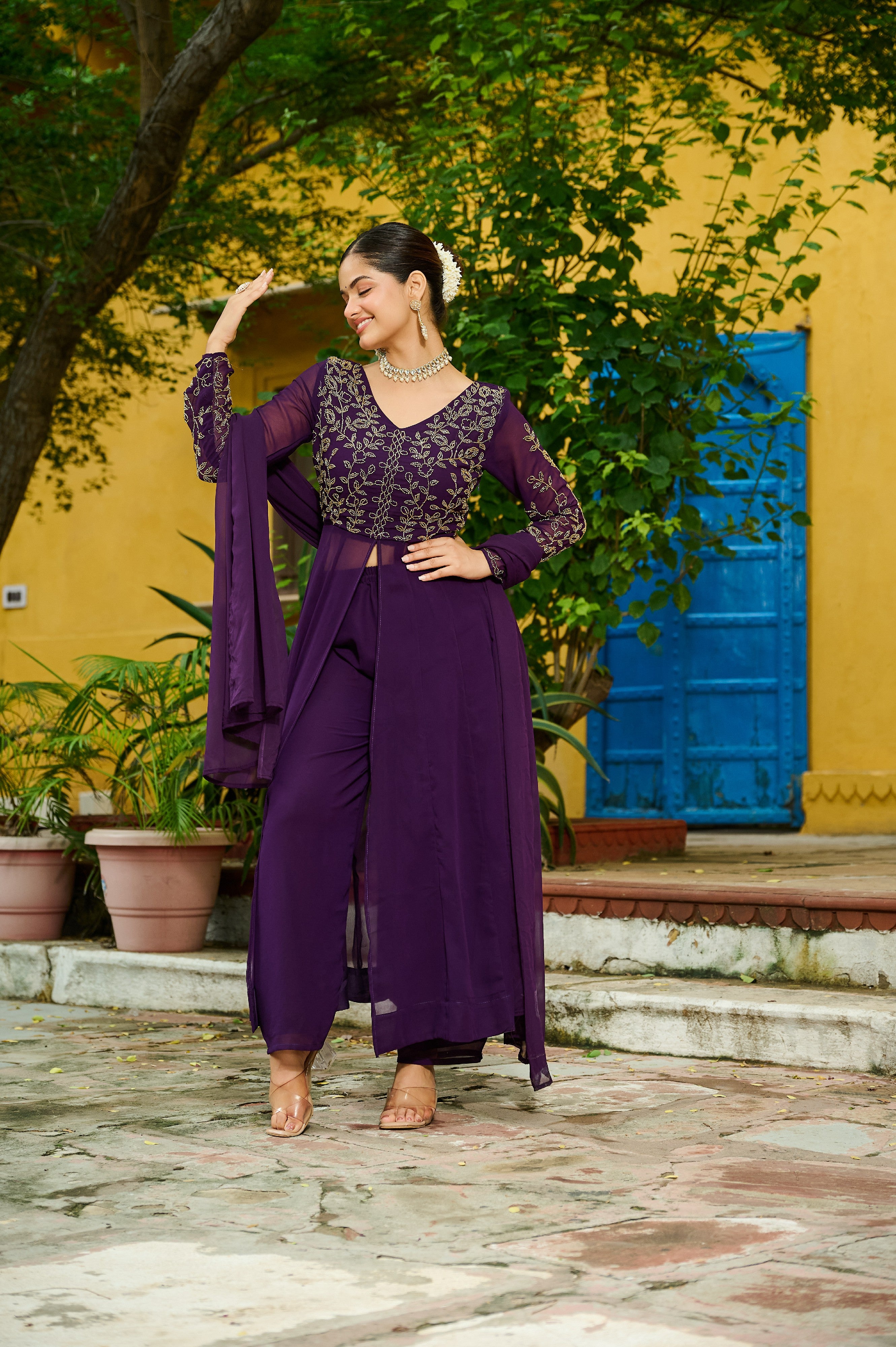 Georgette Beads Work Festive Salwar Kameez for Women