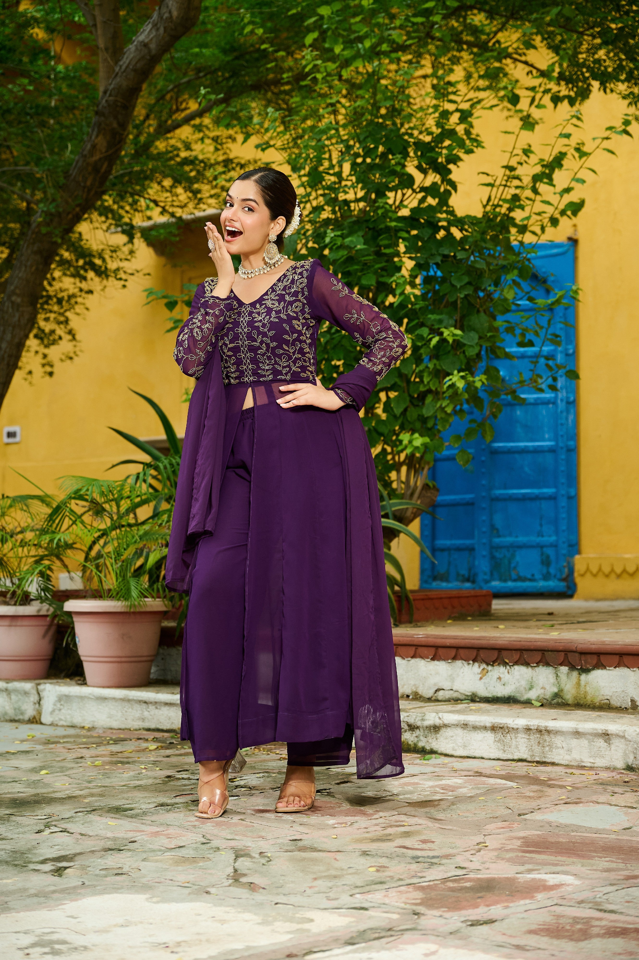 Georgette Beads Work Festive Salwar Kameez for Women