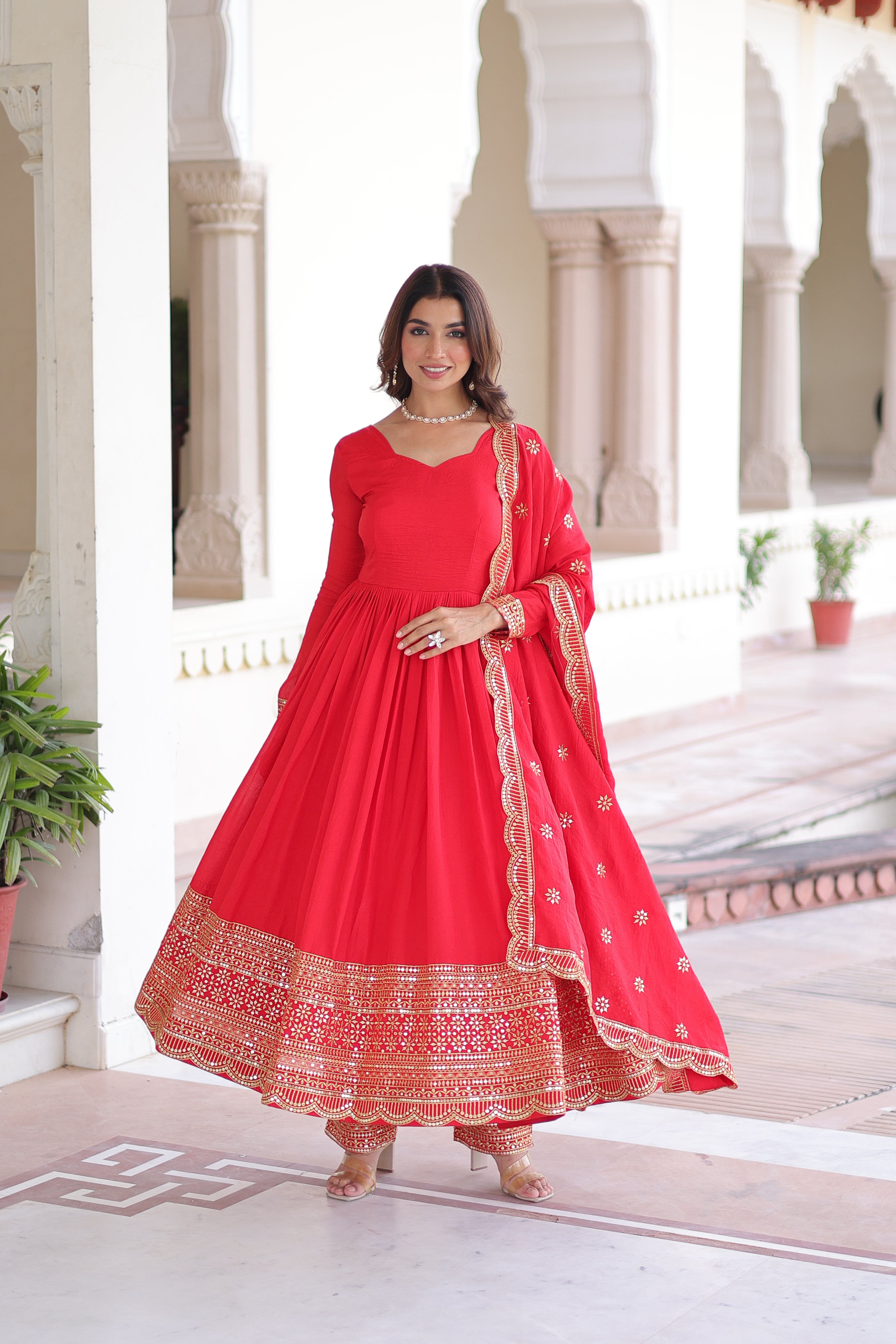 Red Silk Sequins Embroidered Festive Anarkali Suit for Women