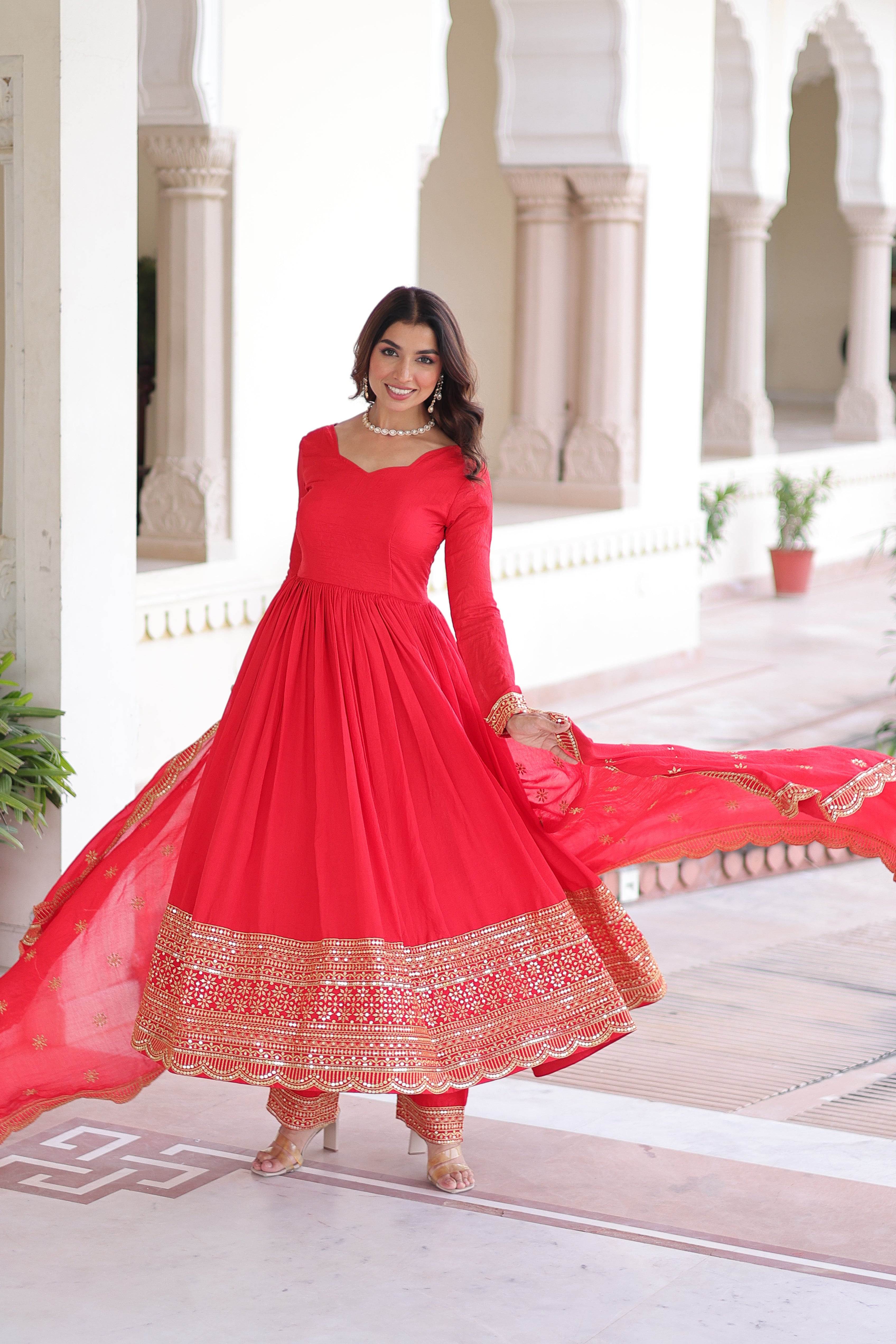 Red Silk Sequins Embroidered Festive Anarkali Suit for Women