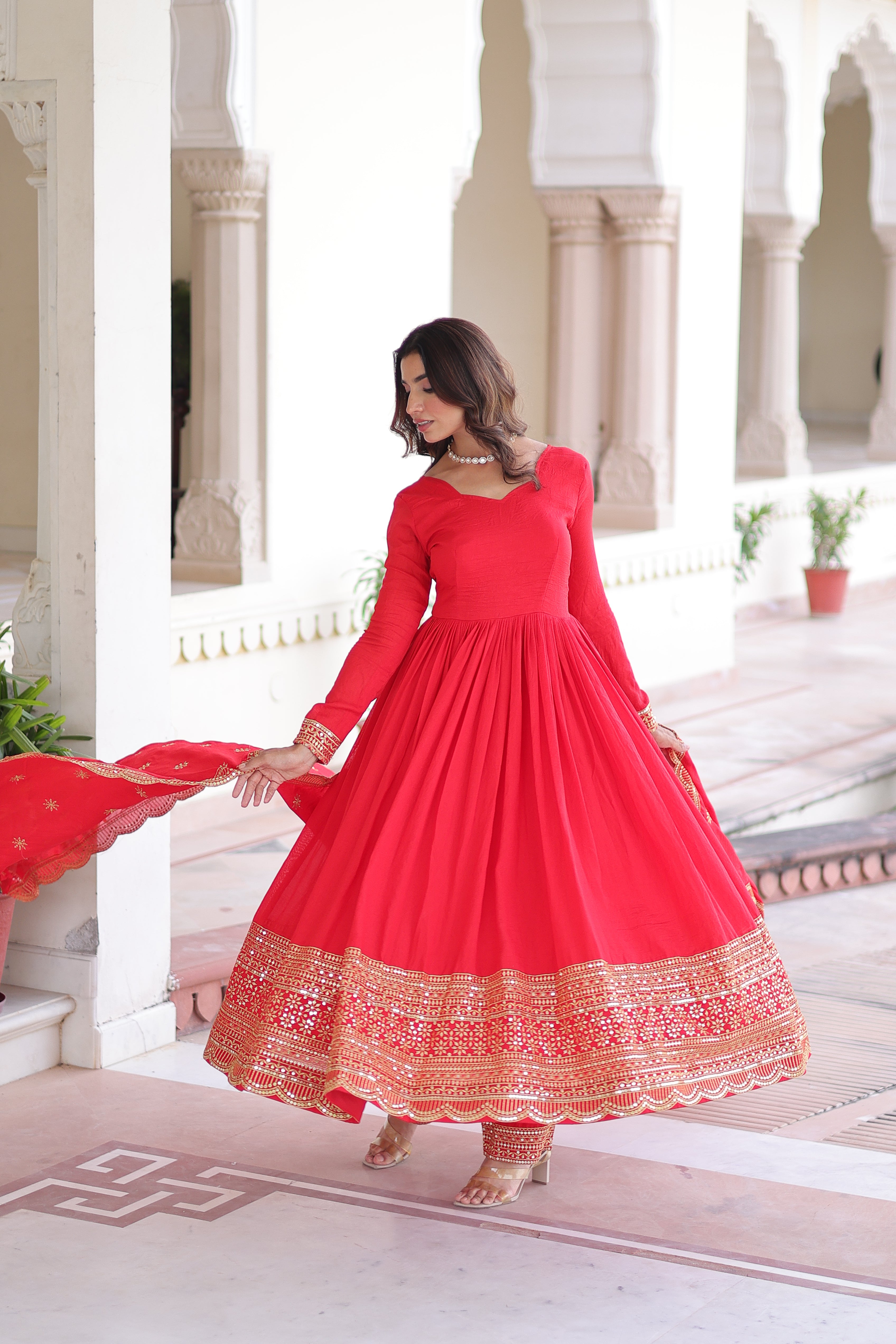 Red Silk Sequins Embroidered Festive Anarkali Suit for Women