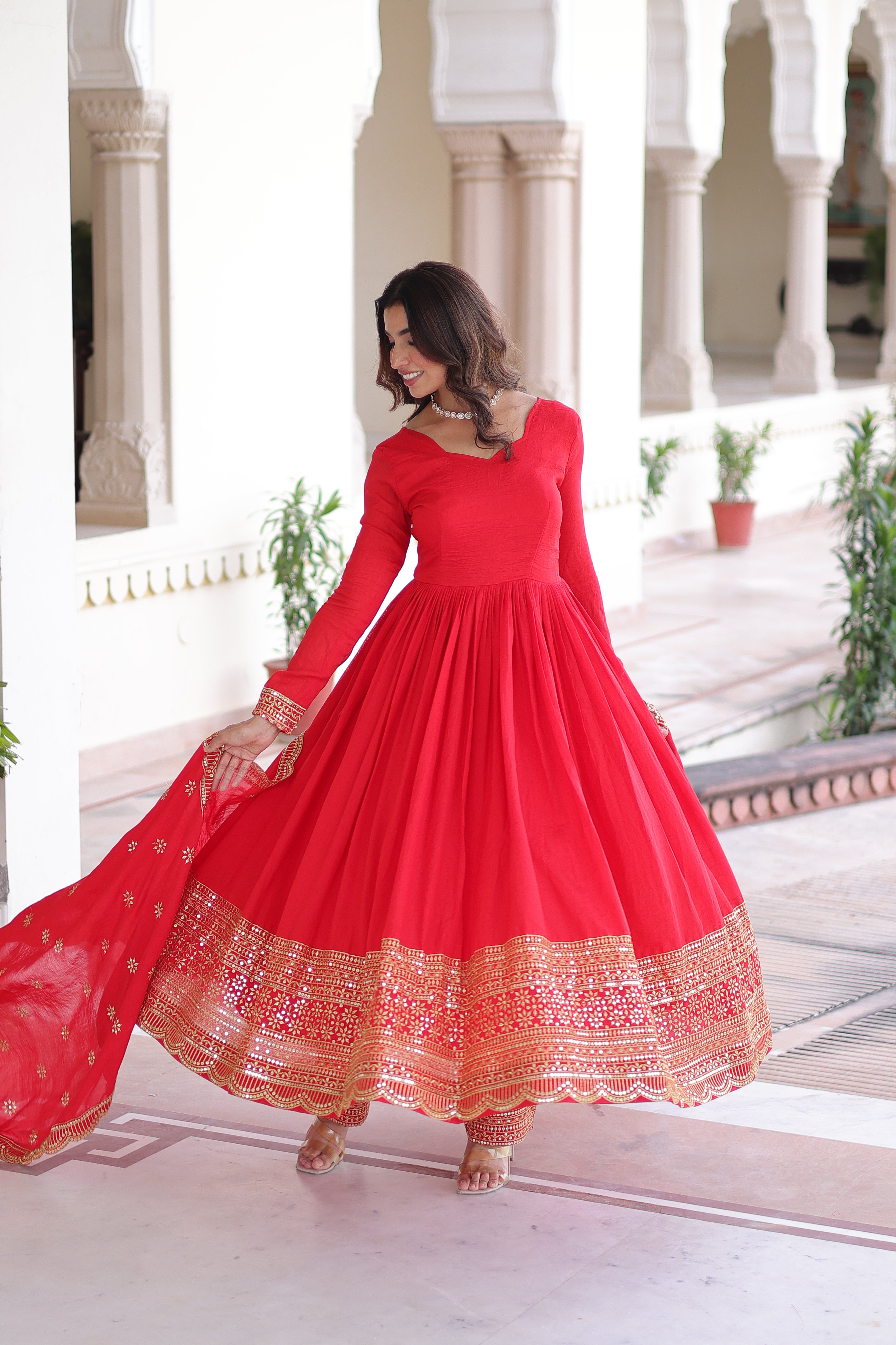 Red Silk Sequins Embroidered Festive Anarkali Suit for Women