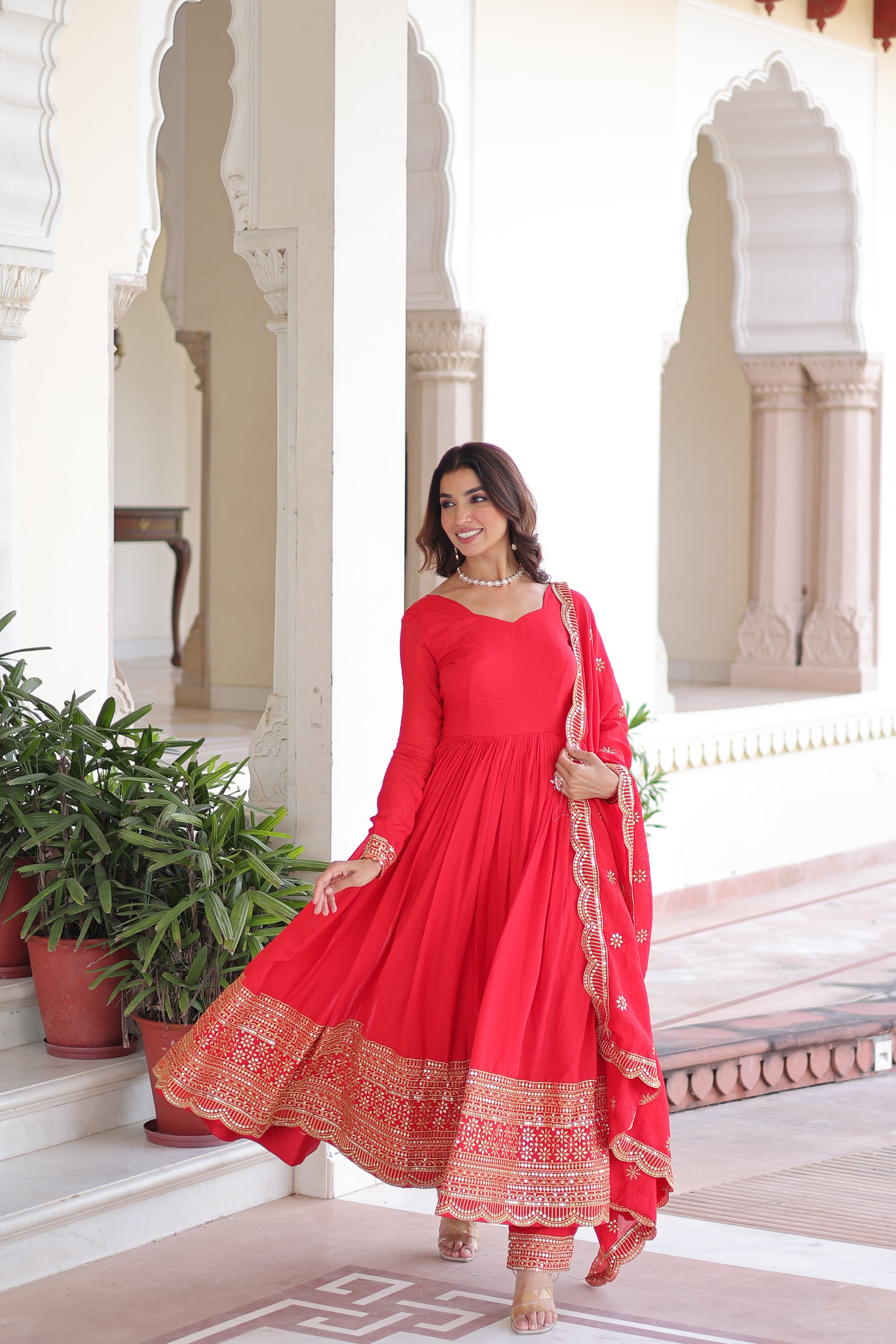 Red Silk Sequins Embroidered Festive Anarkali Suit for Women