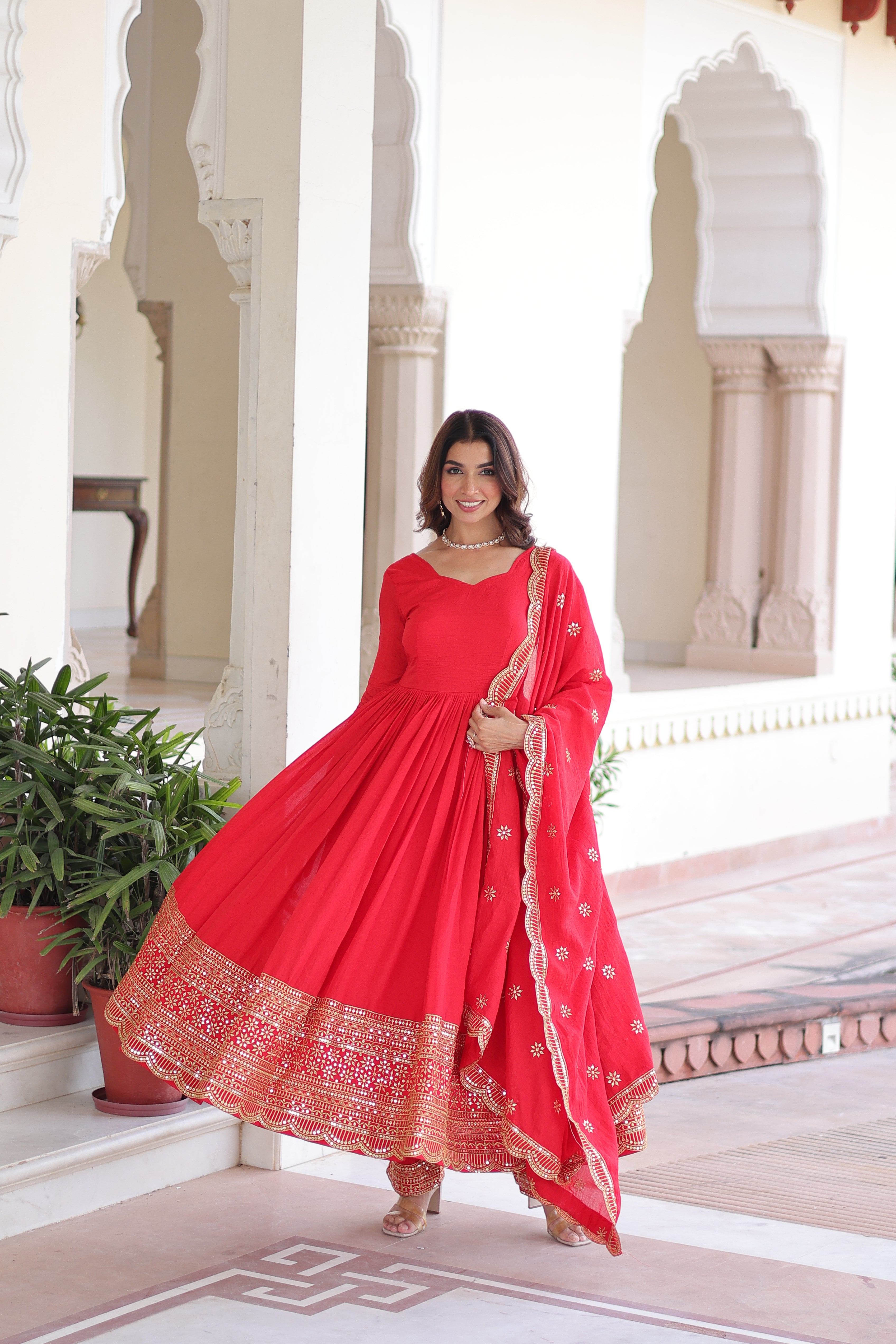 Red Silk Sequins Embroidered Festive Anarkali Suit for Women