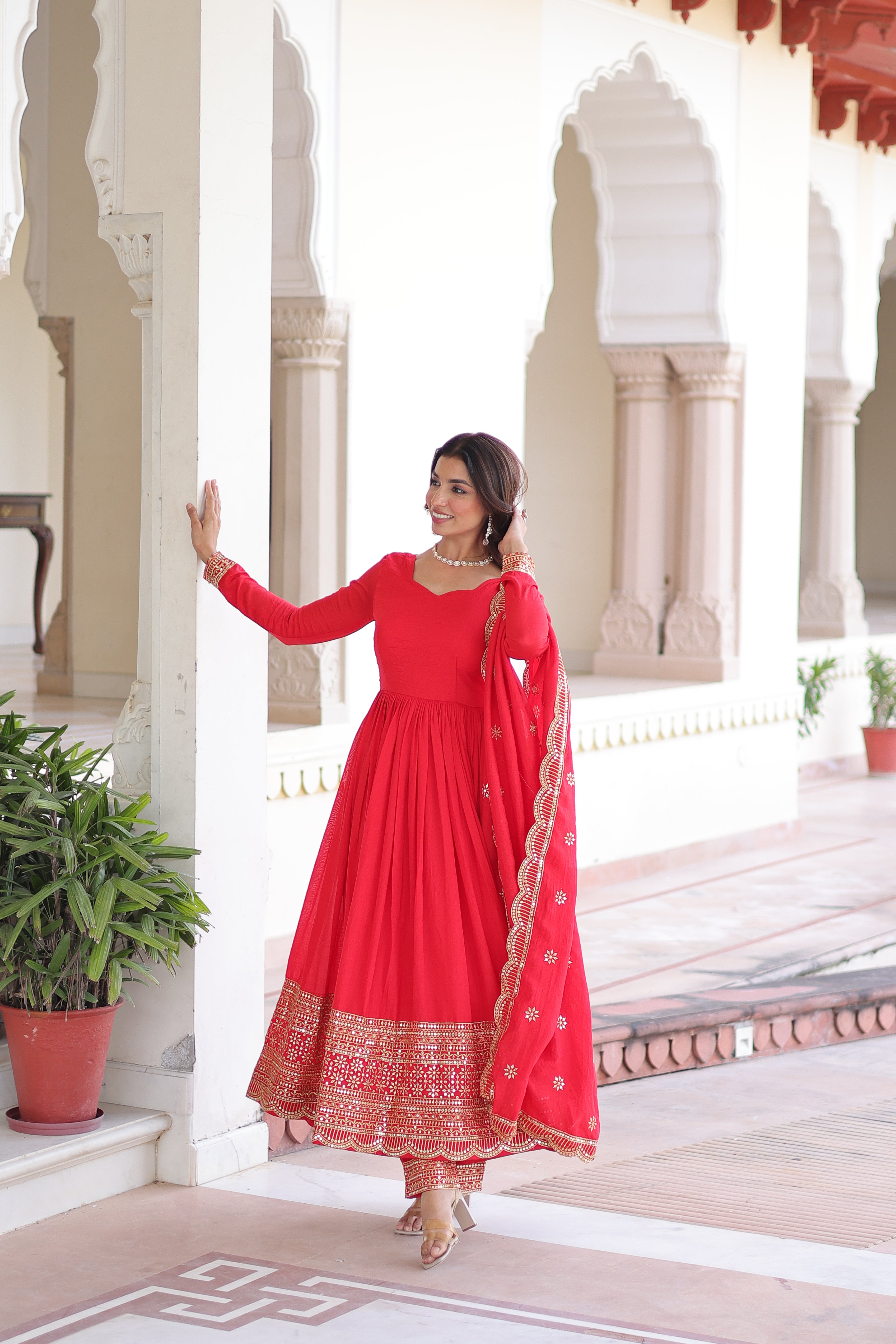 Red Silk Sequins Embroidered Festive Anarkali Suit for Women