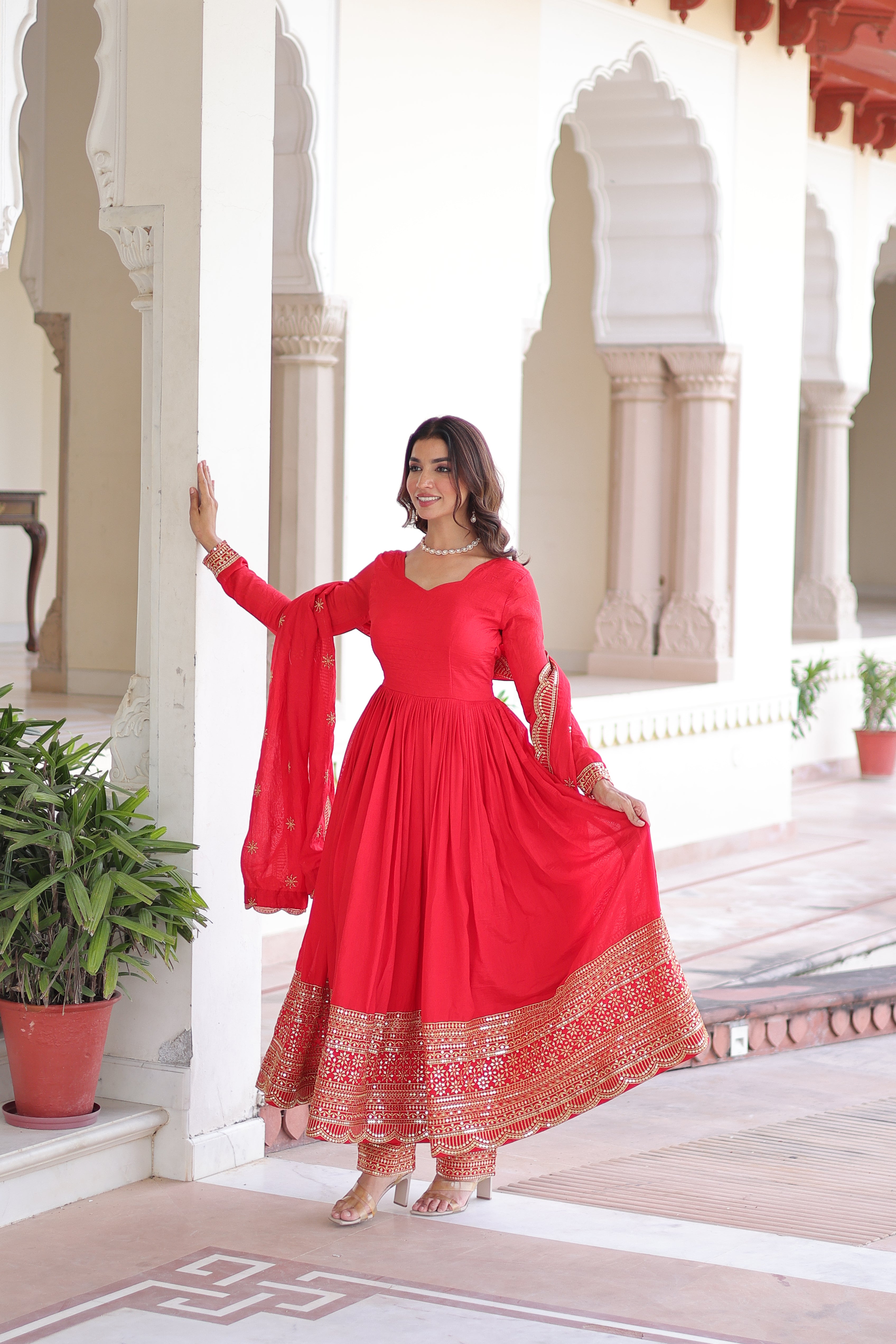 Red Silk Sequins Embroidered Festive Anarkali Suit for Women
