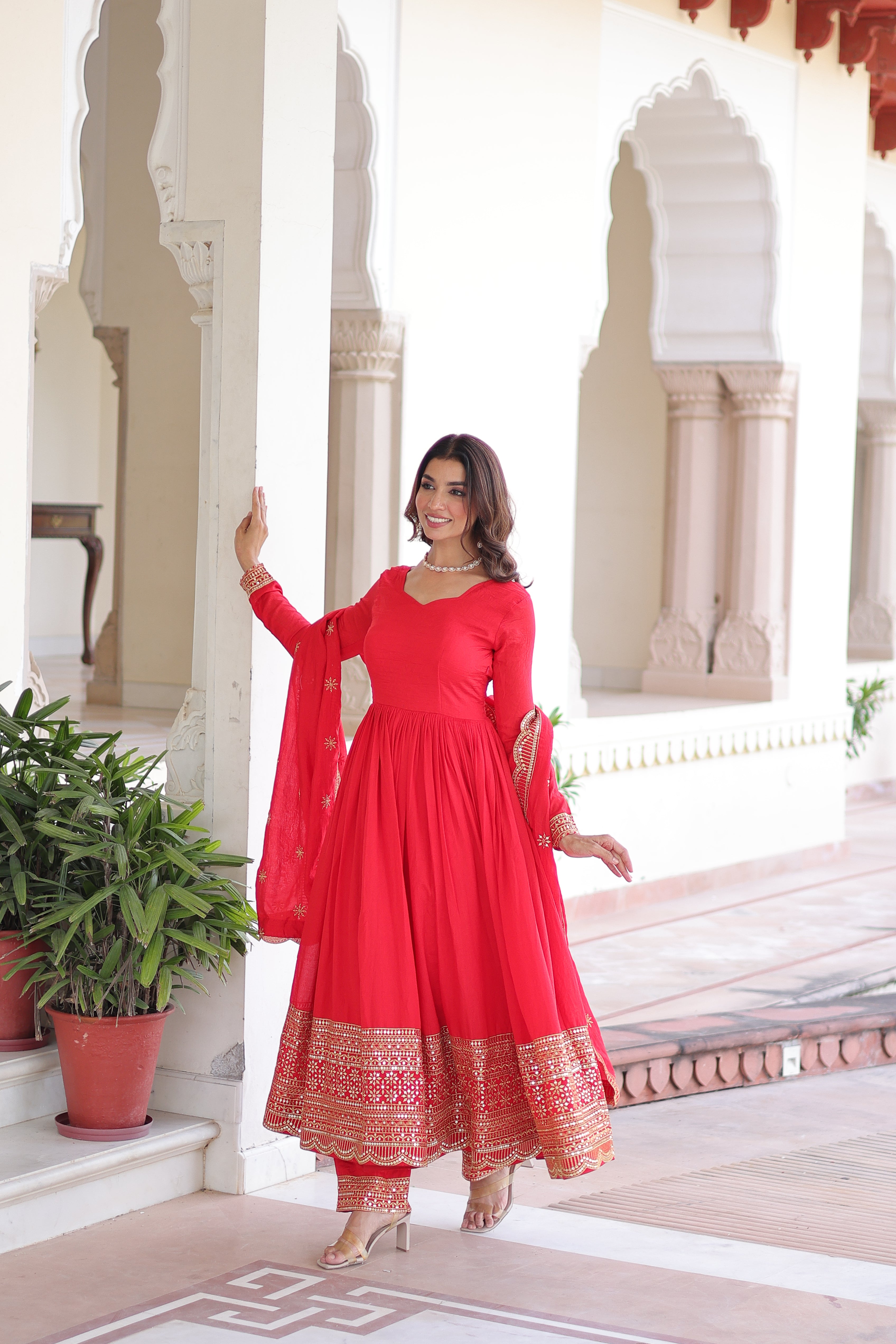 Red Silk Sequins Embroidered Festive Anarkali Suit for Women