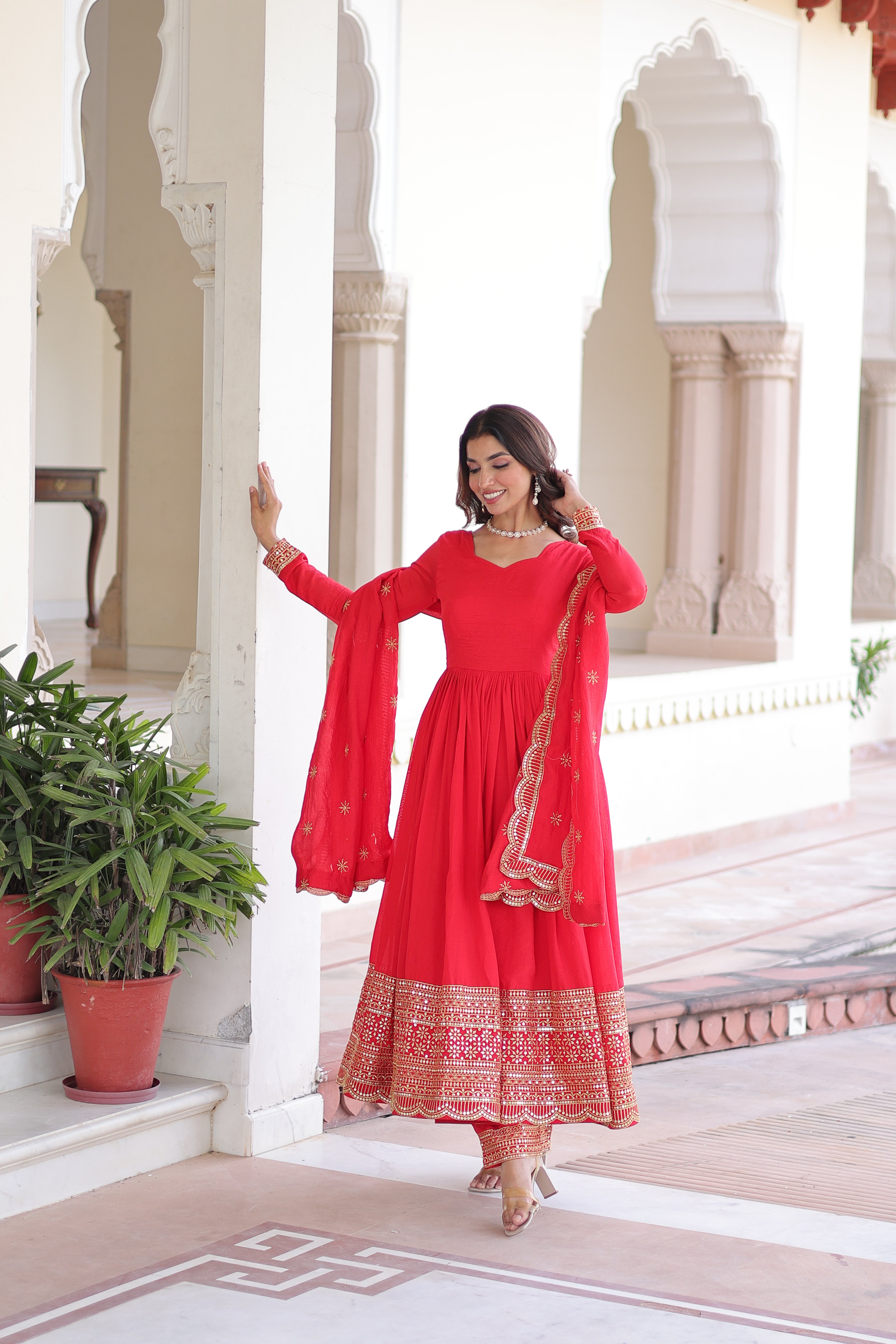 Red Silk Sequins Embroidered Festive Anarkali Suit for Women