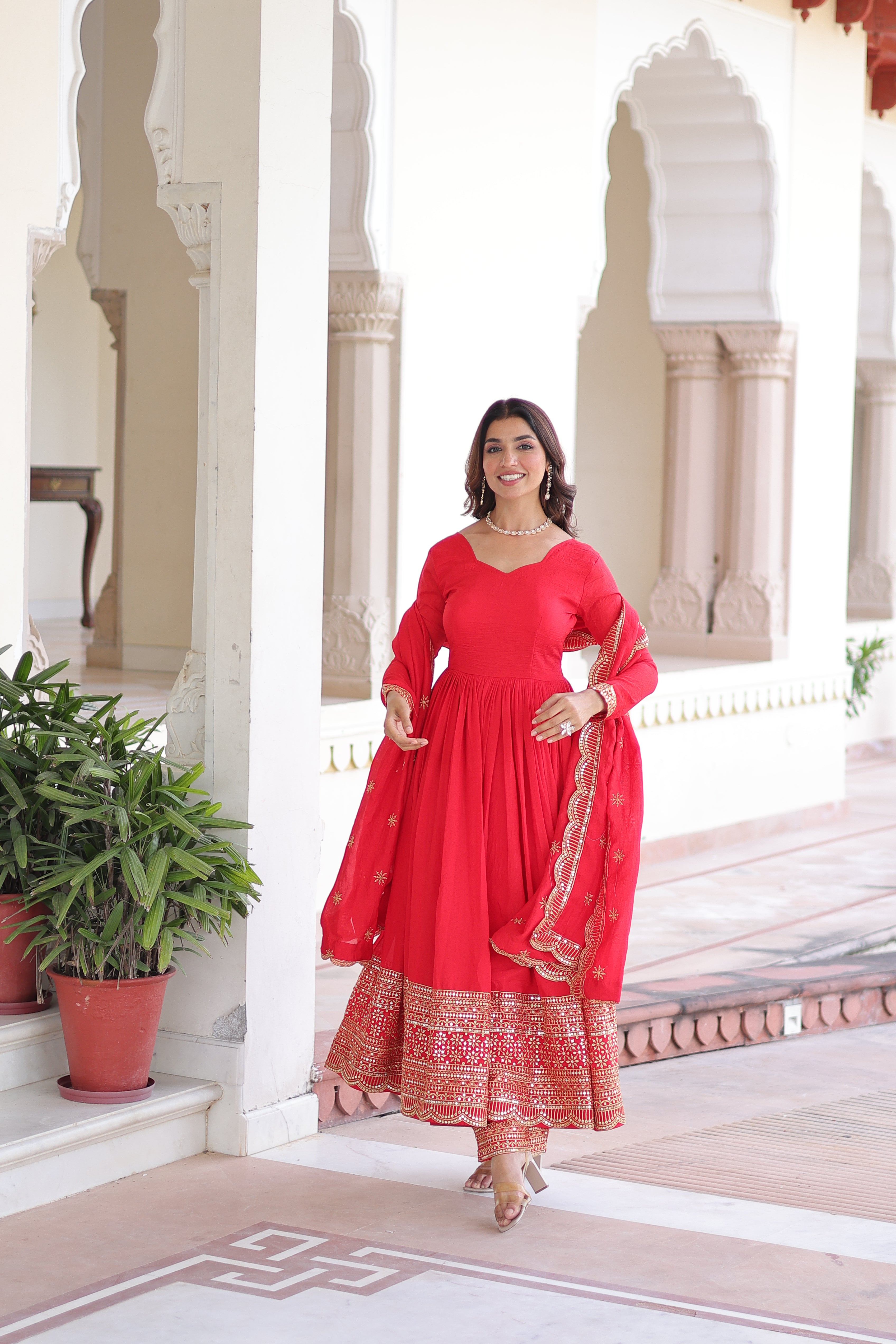 Red Silk Sequins Embroidered Festive Anarkali Suit for Women