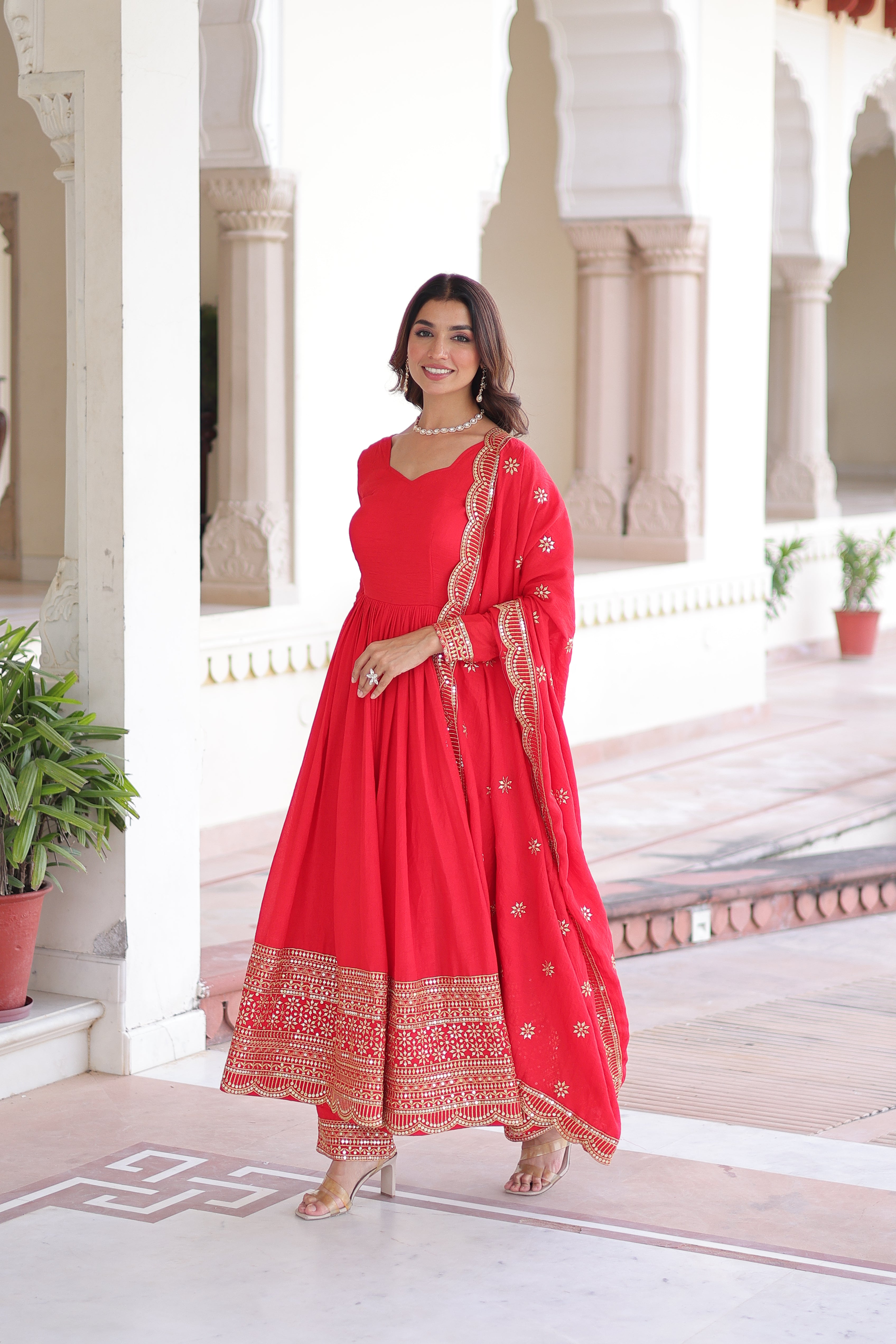 Red Silk Sequins Embroidered Festive Anarkali Suit for Women