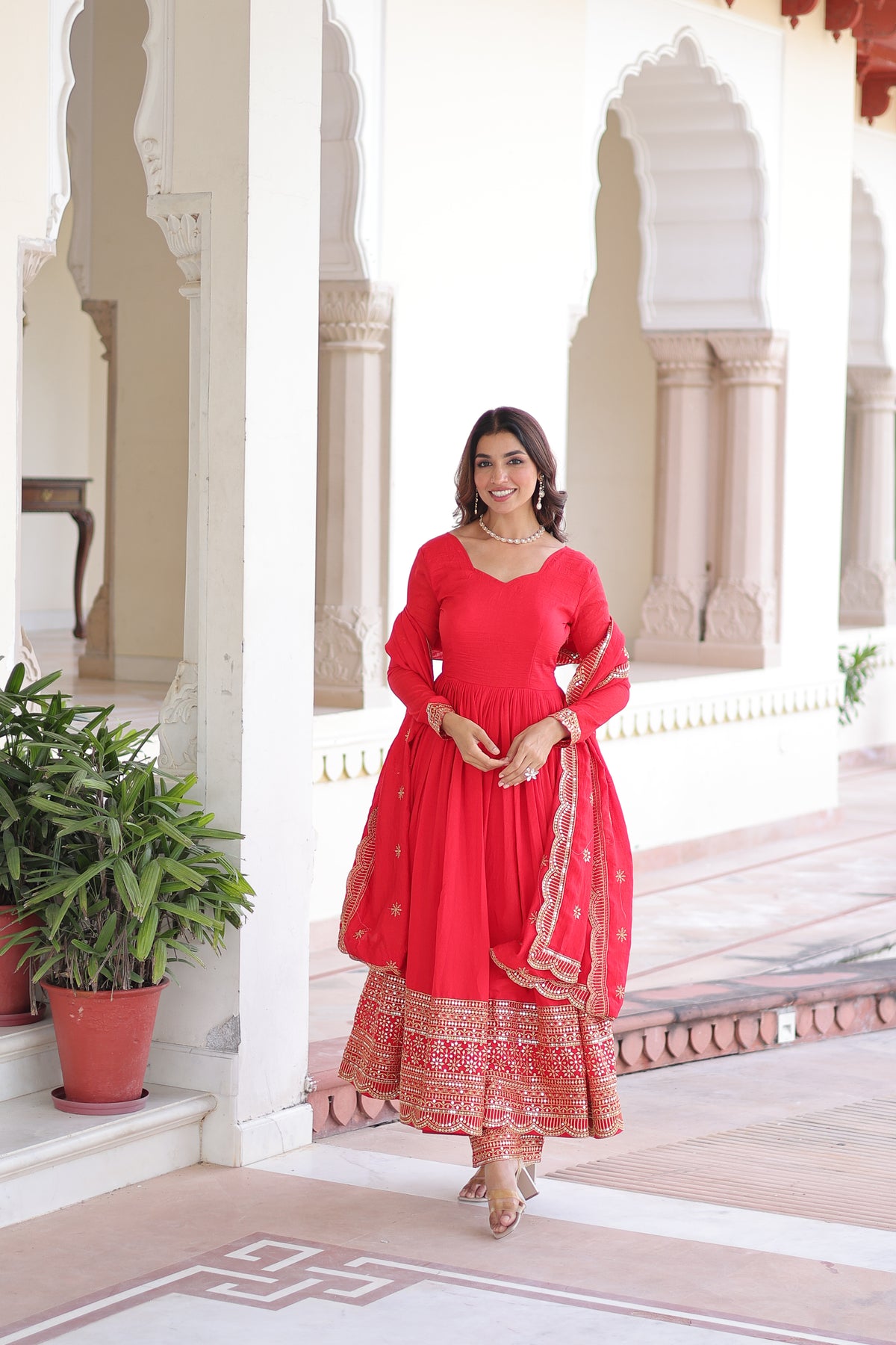 Red Silk Sequins Embroidered Festive Anarkali Suit for Women