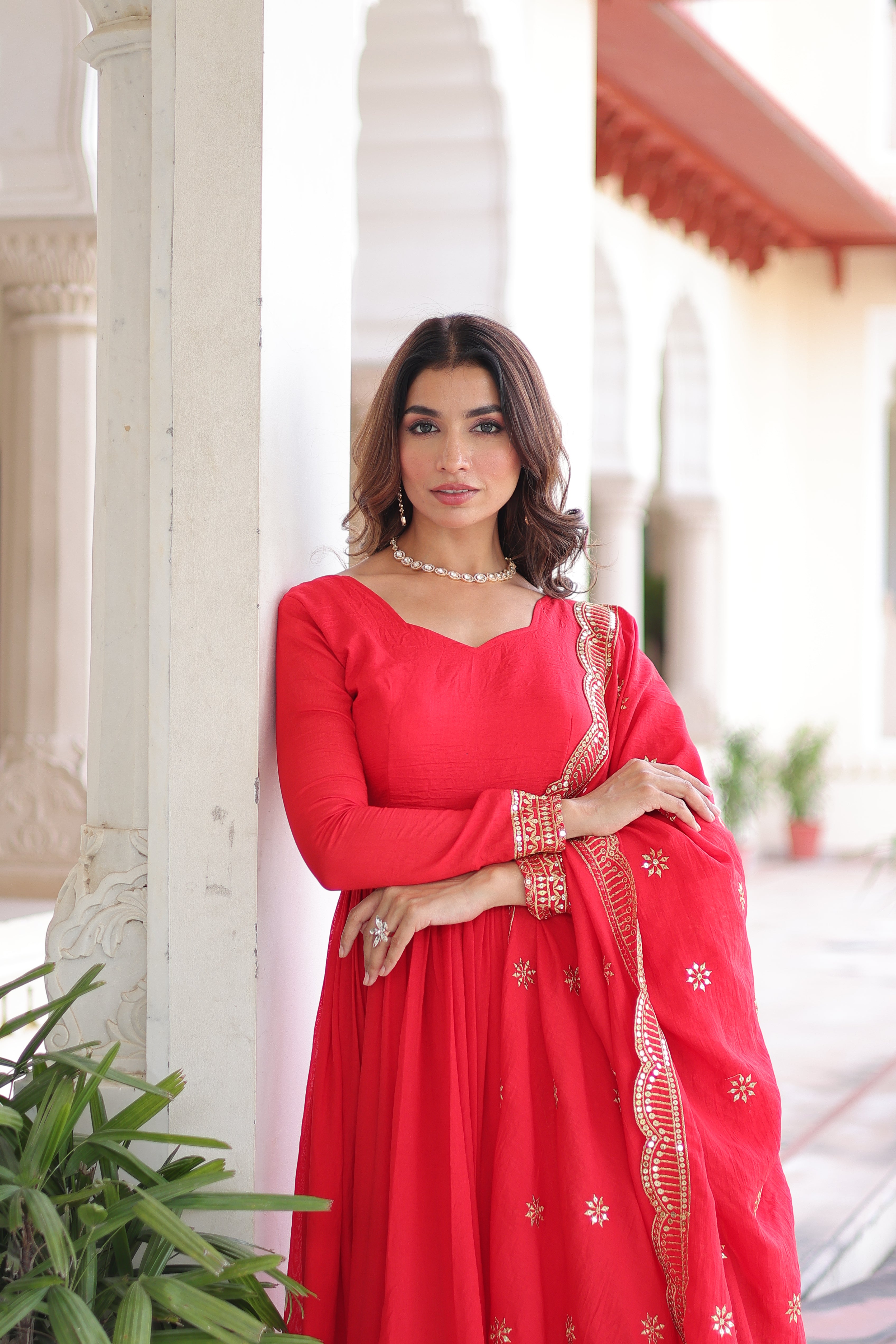 Red Silk Sequins Embroidered Festive Anarkali Suit for Women