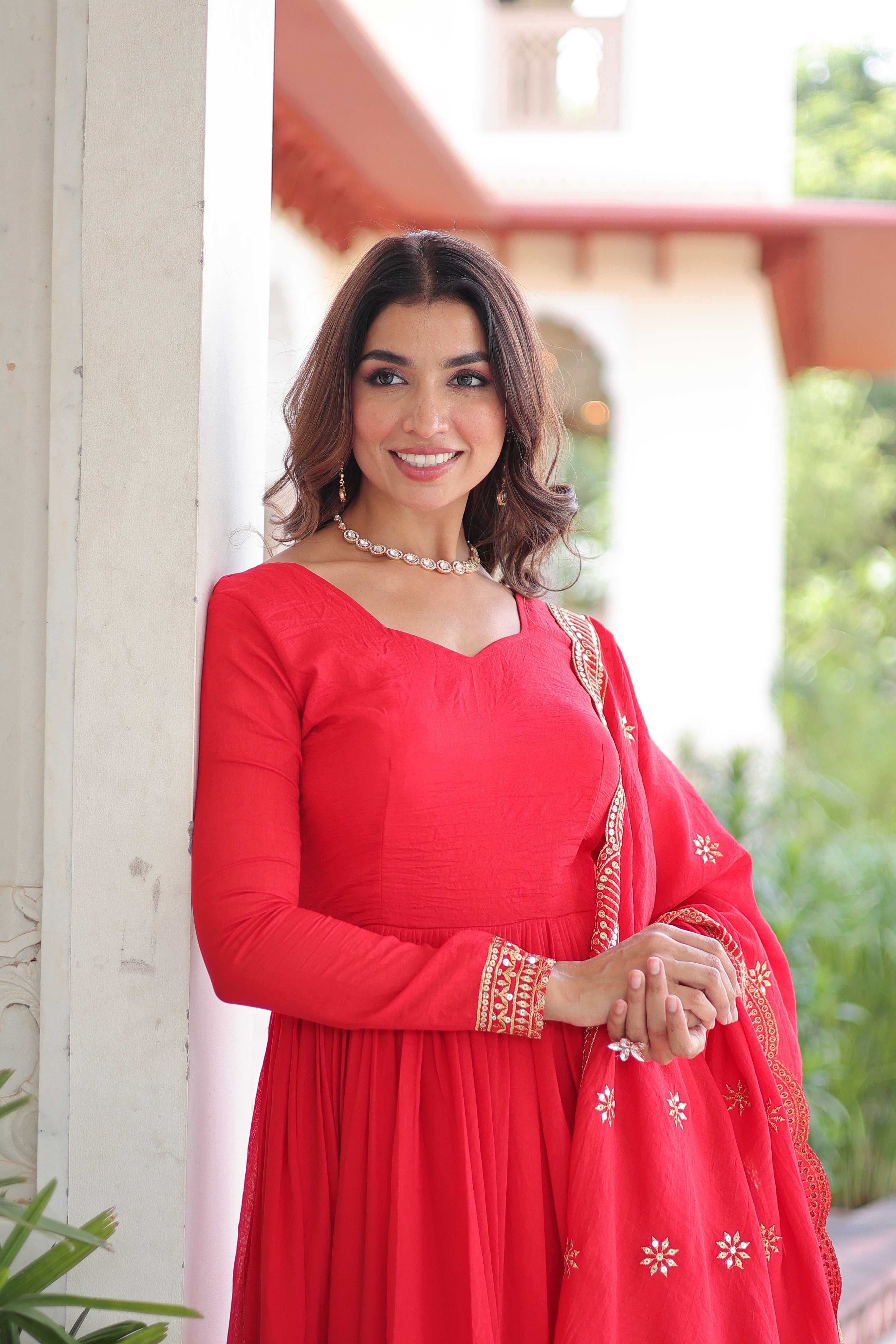 Red Silk Sequins Embroidered Festive Anarkali Suit for Women
