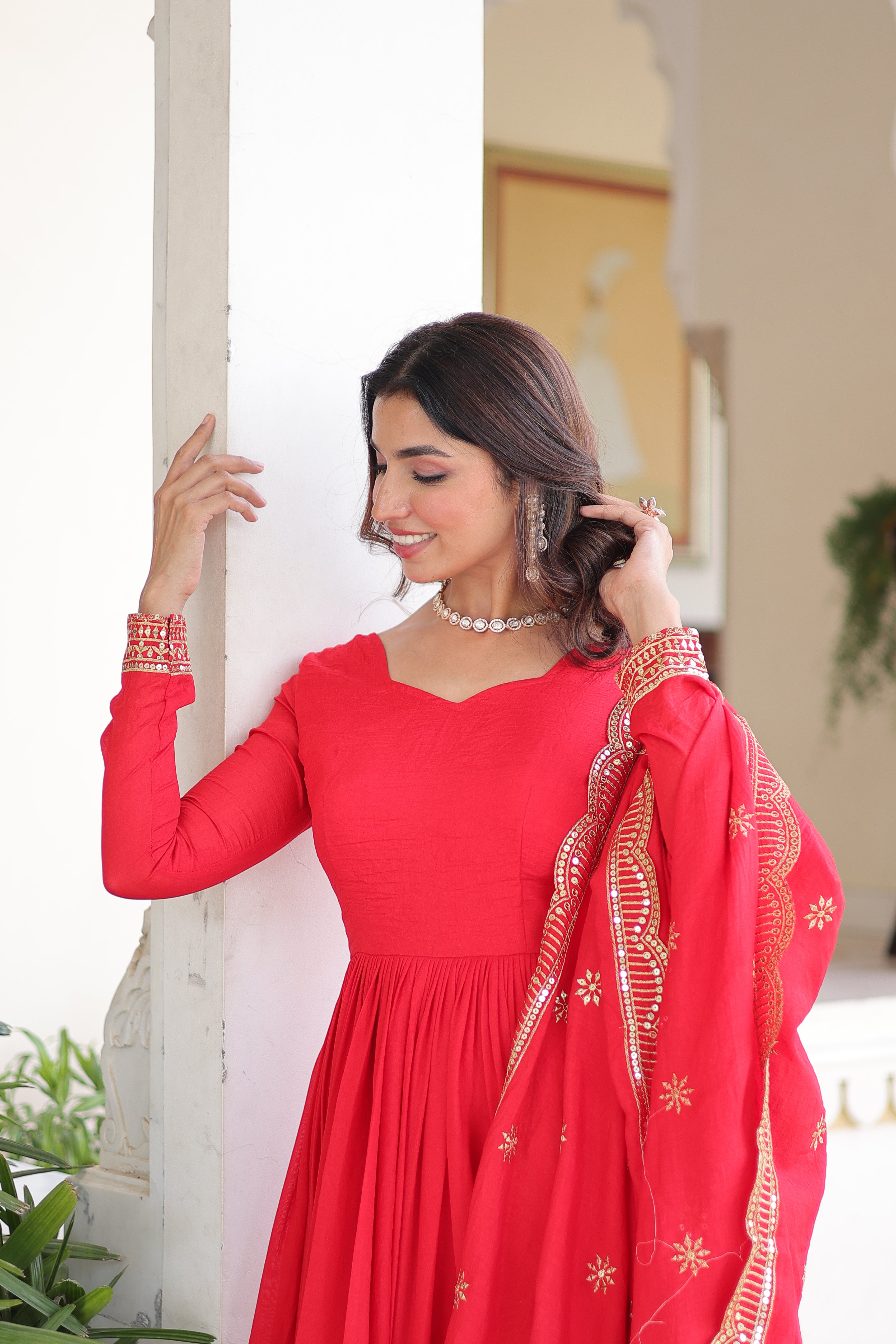 Red Silk Sequins Embroidered Festive Anarkali Suit for Women
