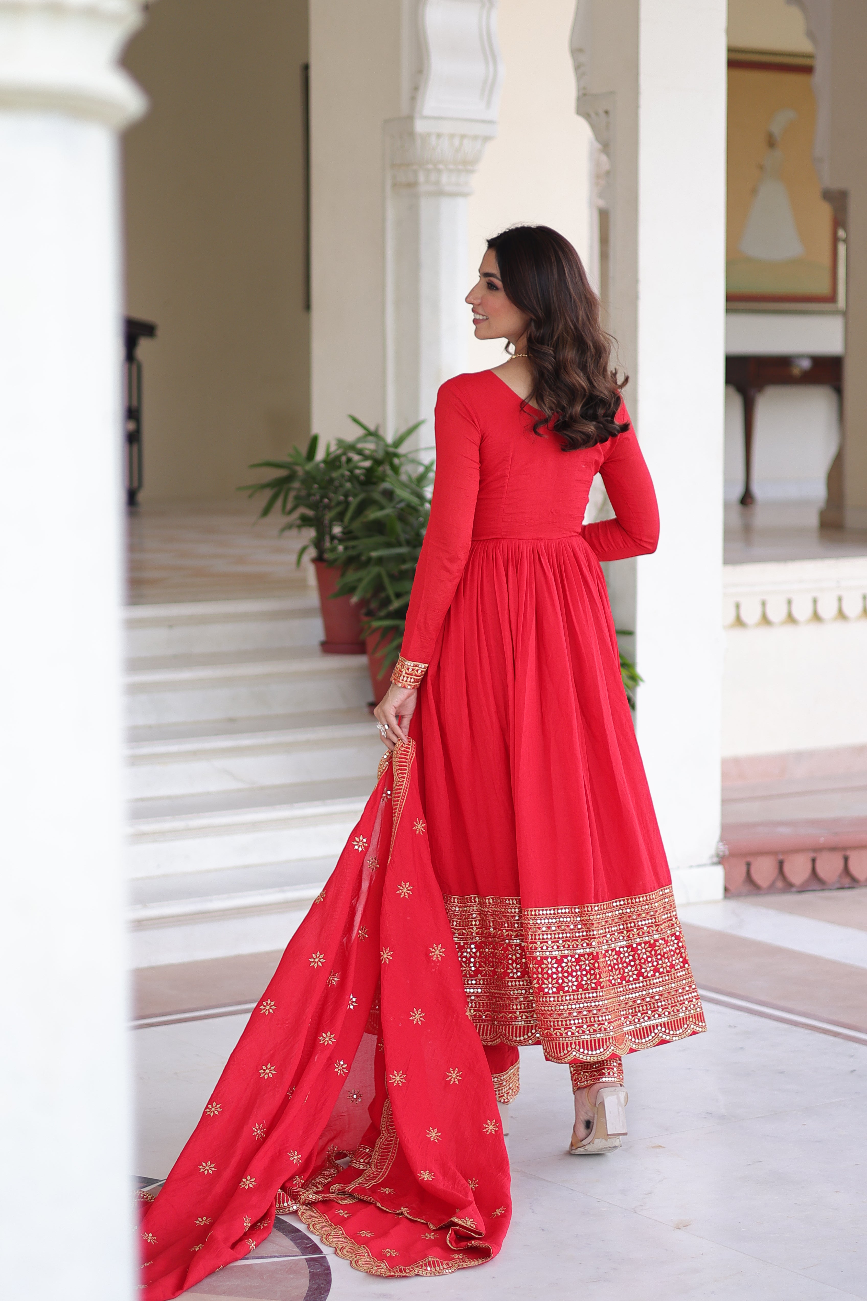 Red Silk Sequins Embroidered Festive Anarkali Suit for Women