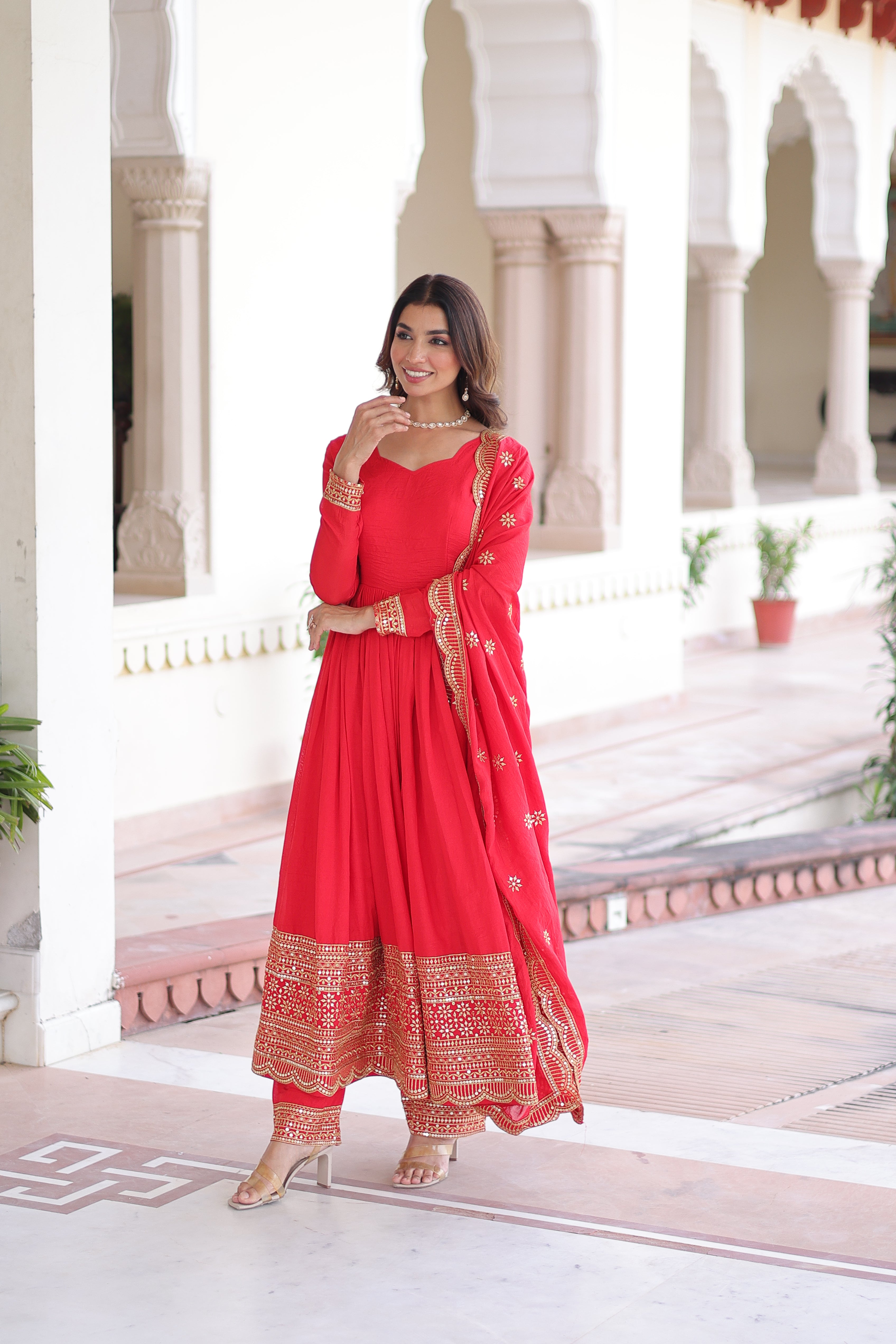 Red Silk Sequins Embroidered Festive Anarkali Suit for Women