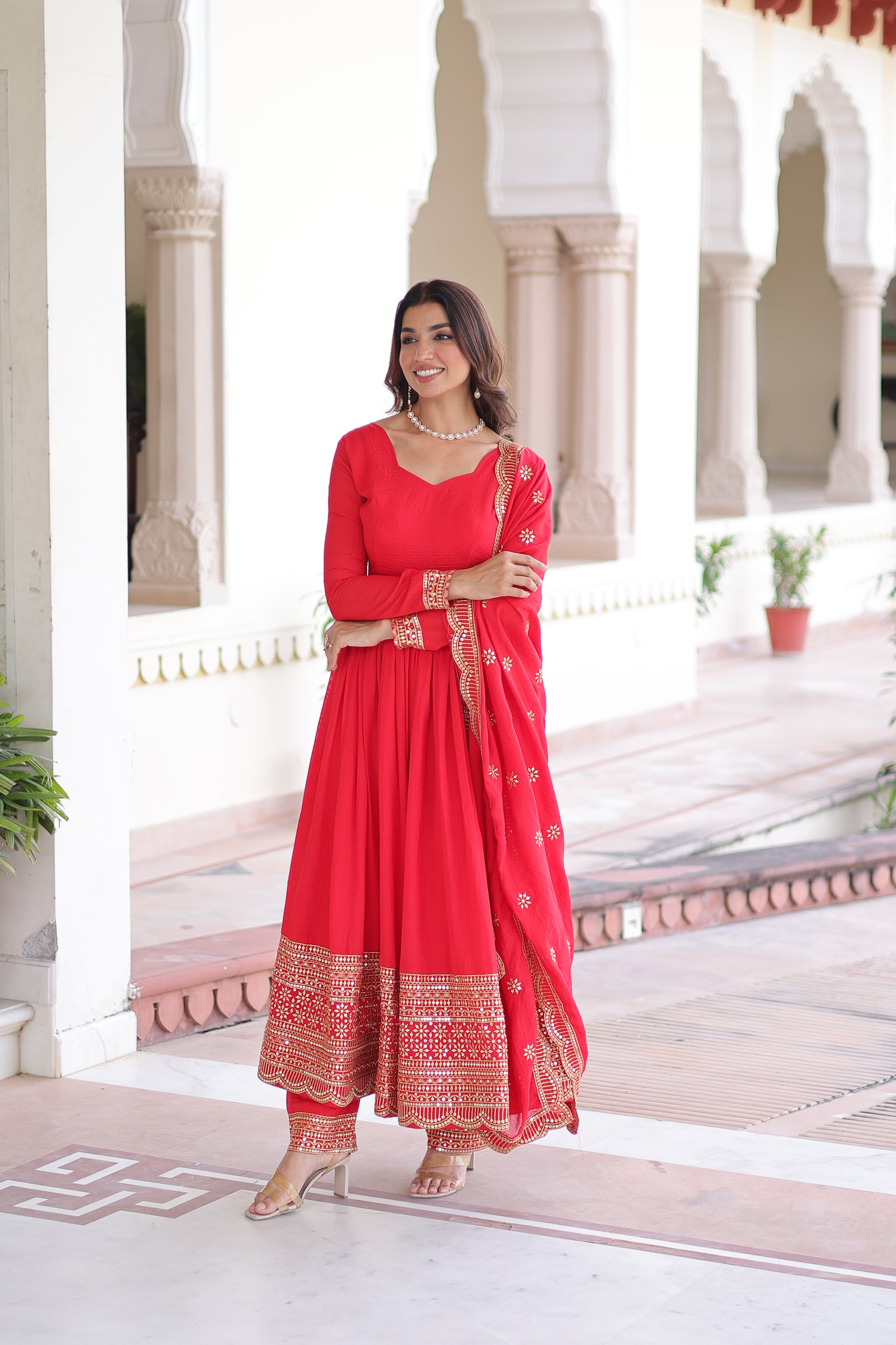 Red Silk Sequins Embroidered Festive Anarkali Suit for Women