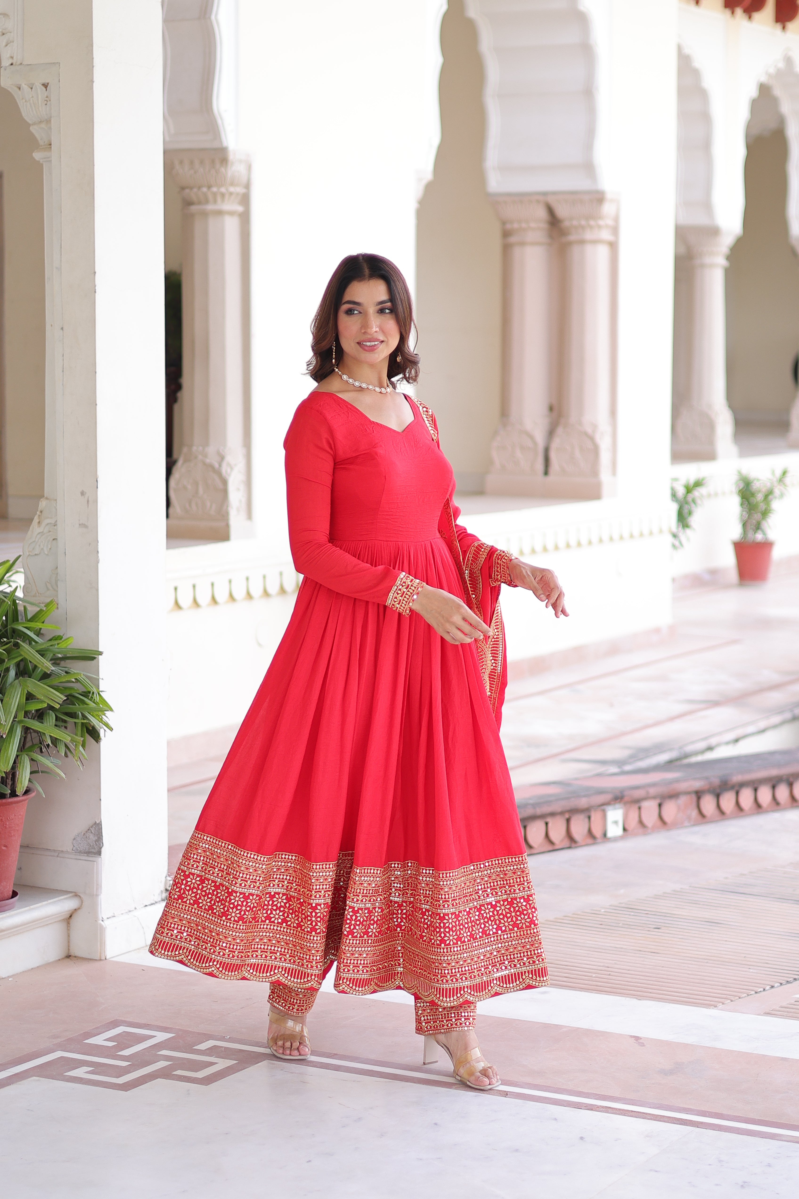 Red Silk Sequins Embroidered Festive Anarkali Suit for Women
