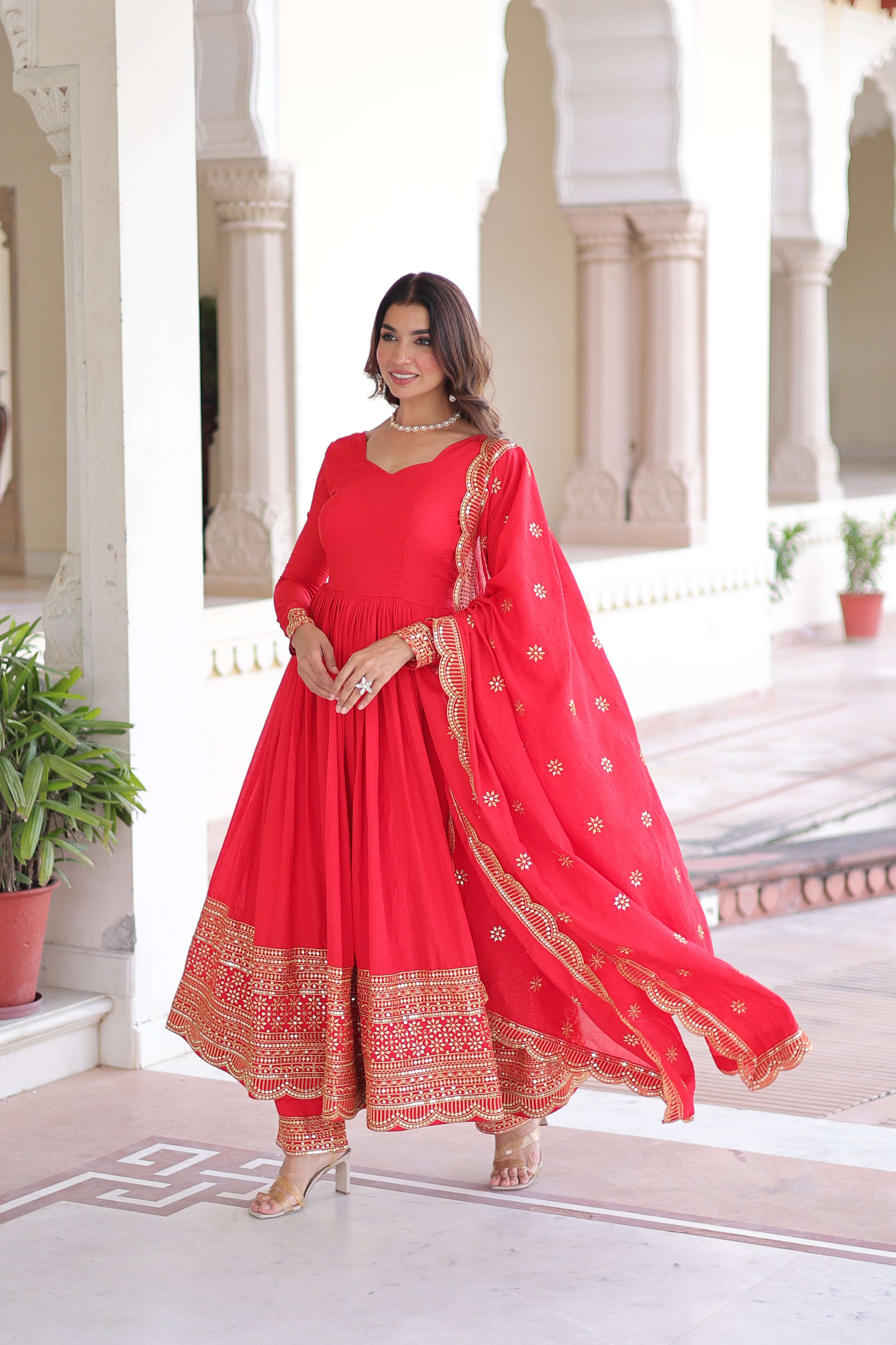 Red Silk Sequins Embroidered Festive Anarkali Suit for Women