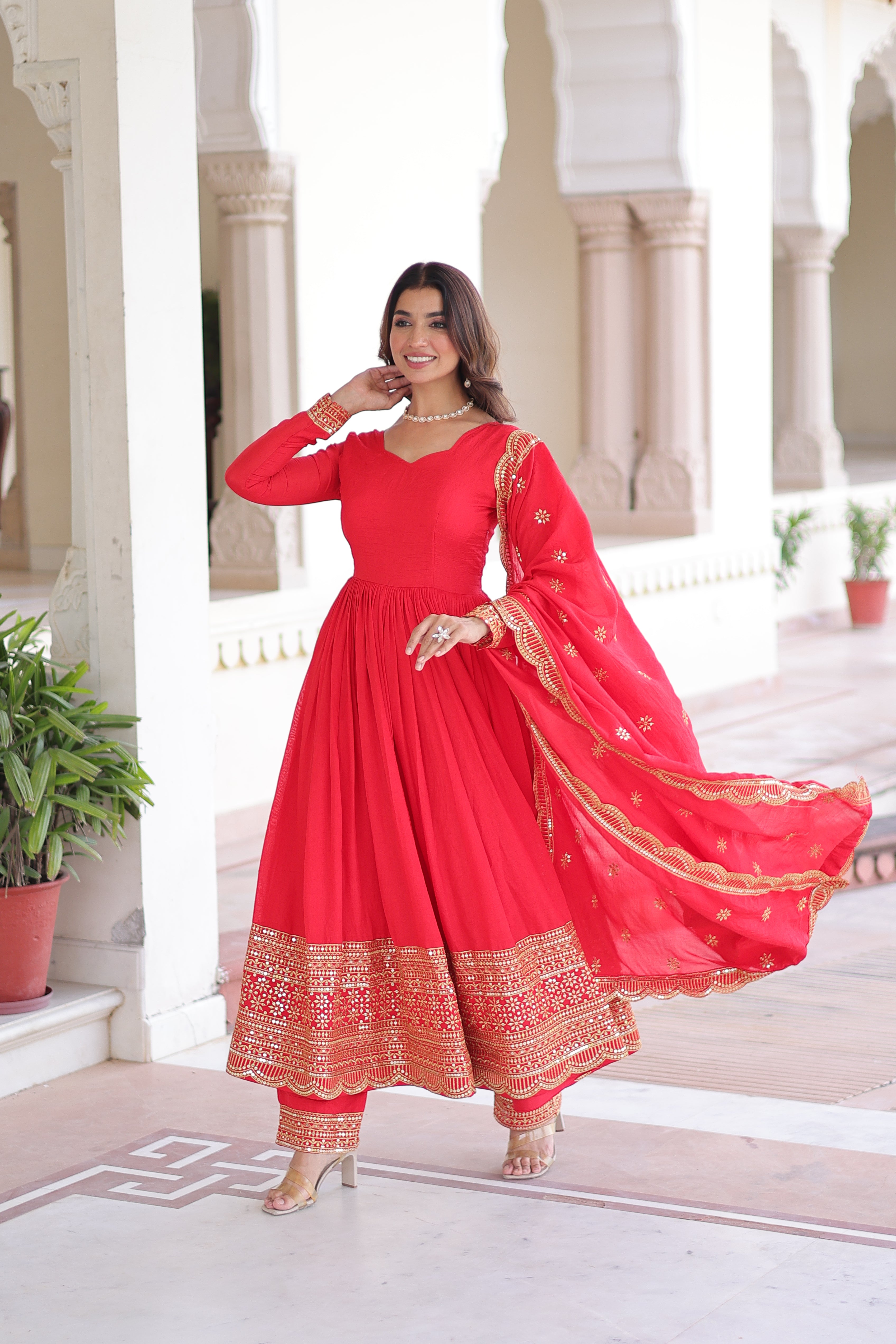 Red Silk Sequins Embroidered Festive Anarkali Suit for Women