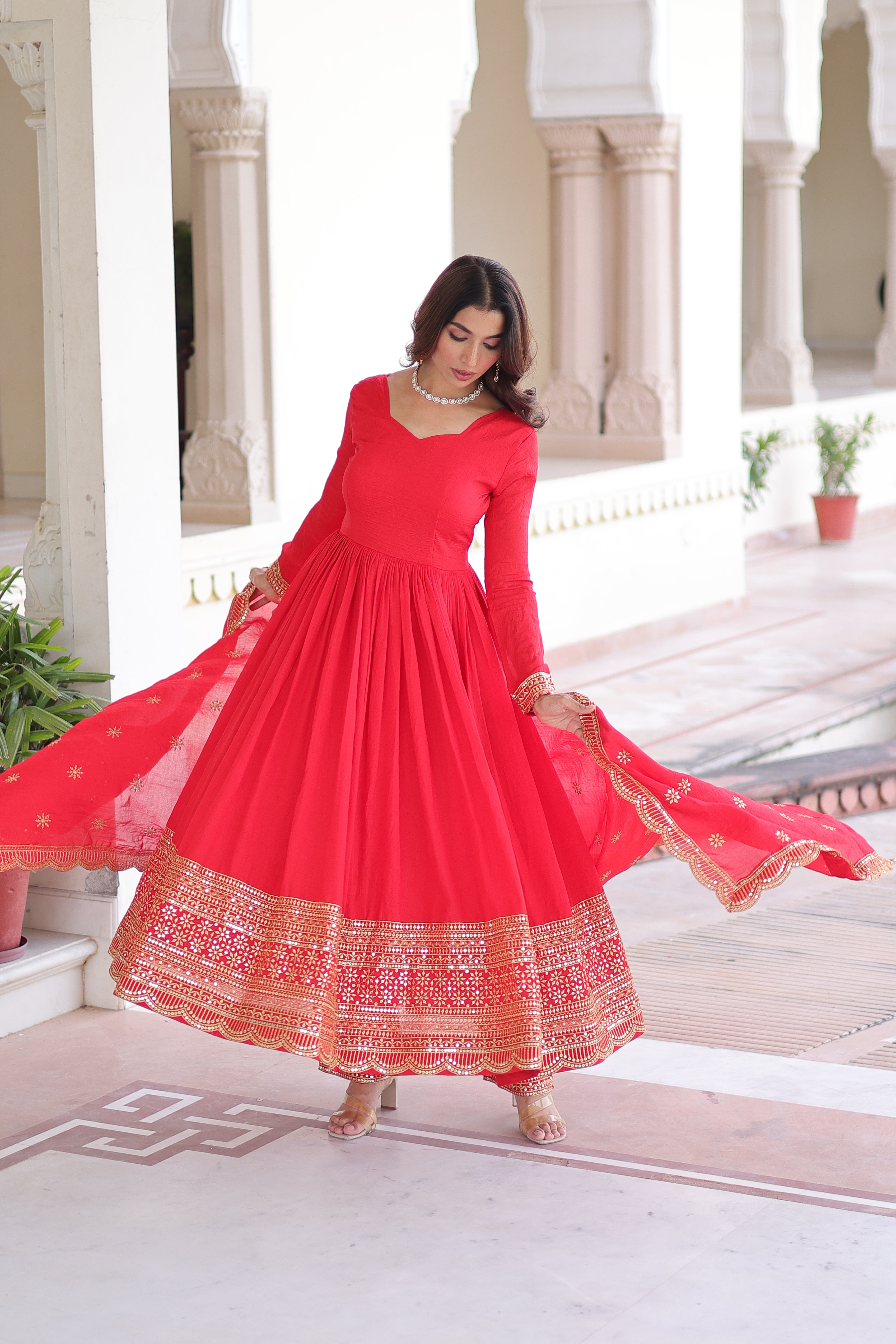 Red Silk Sequins Embroidered Festive Anarkali Suit for Women
