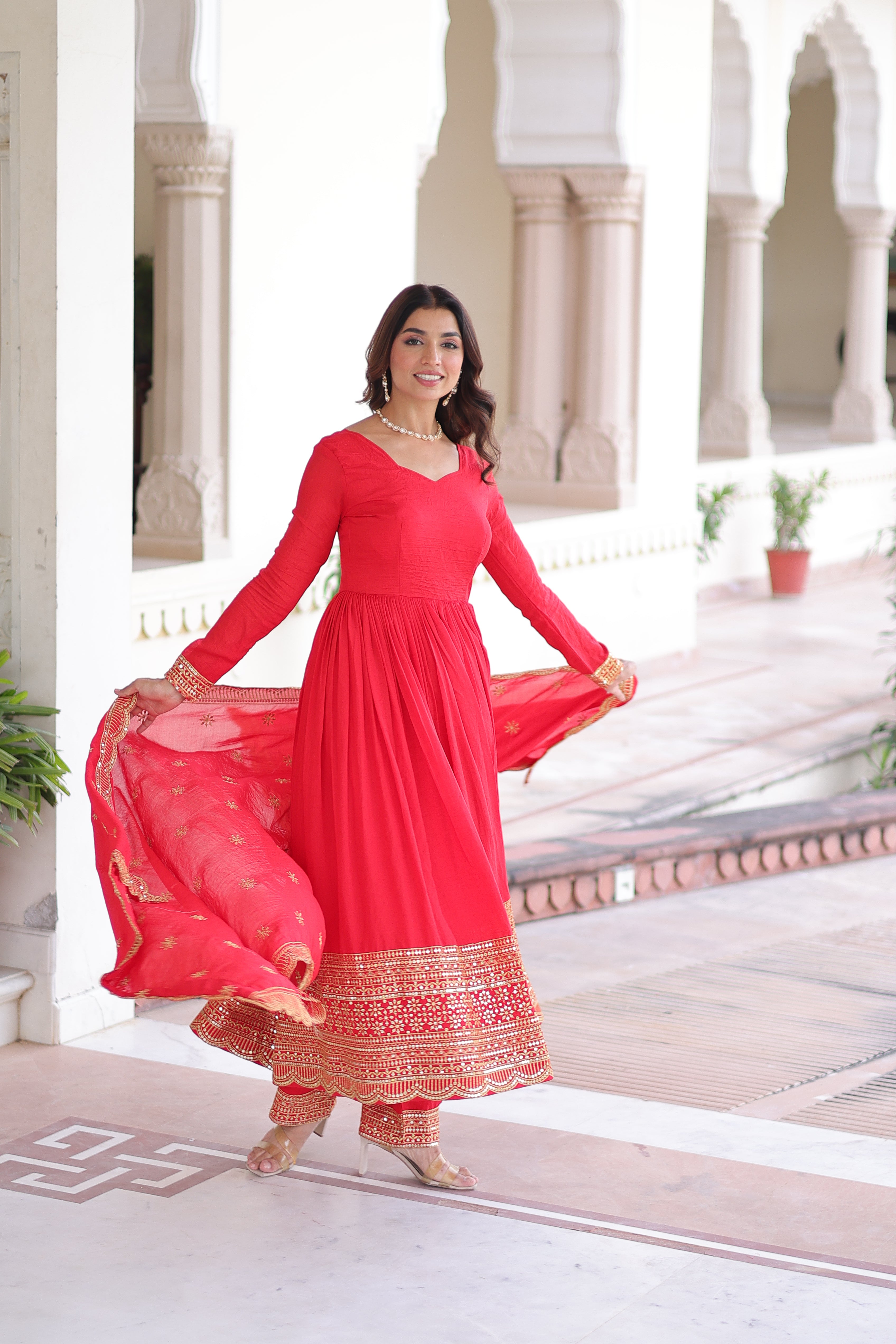 Red Silk Sequins Embroidered Festive Anarkali Suit for Women