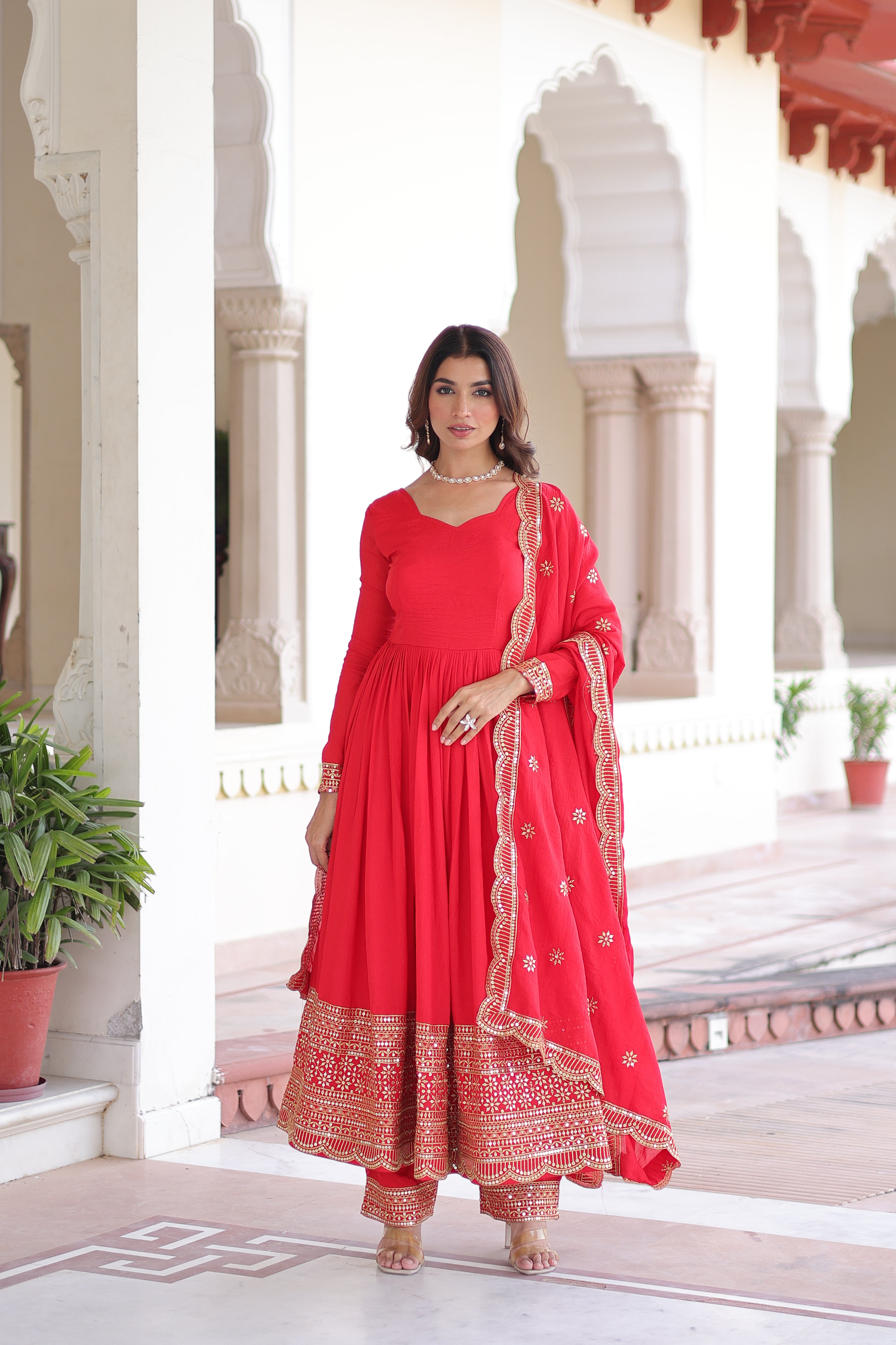 Red Silk Sequins Embroidered Festive Anarkali Suit for Women