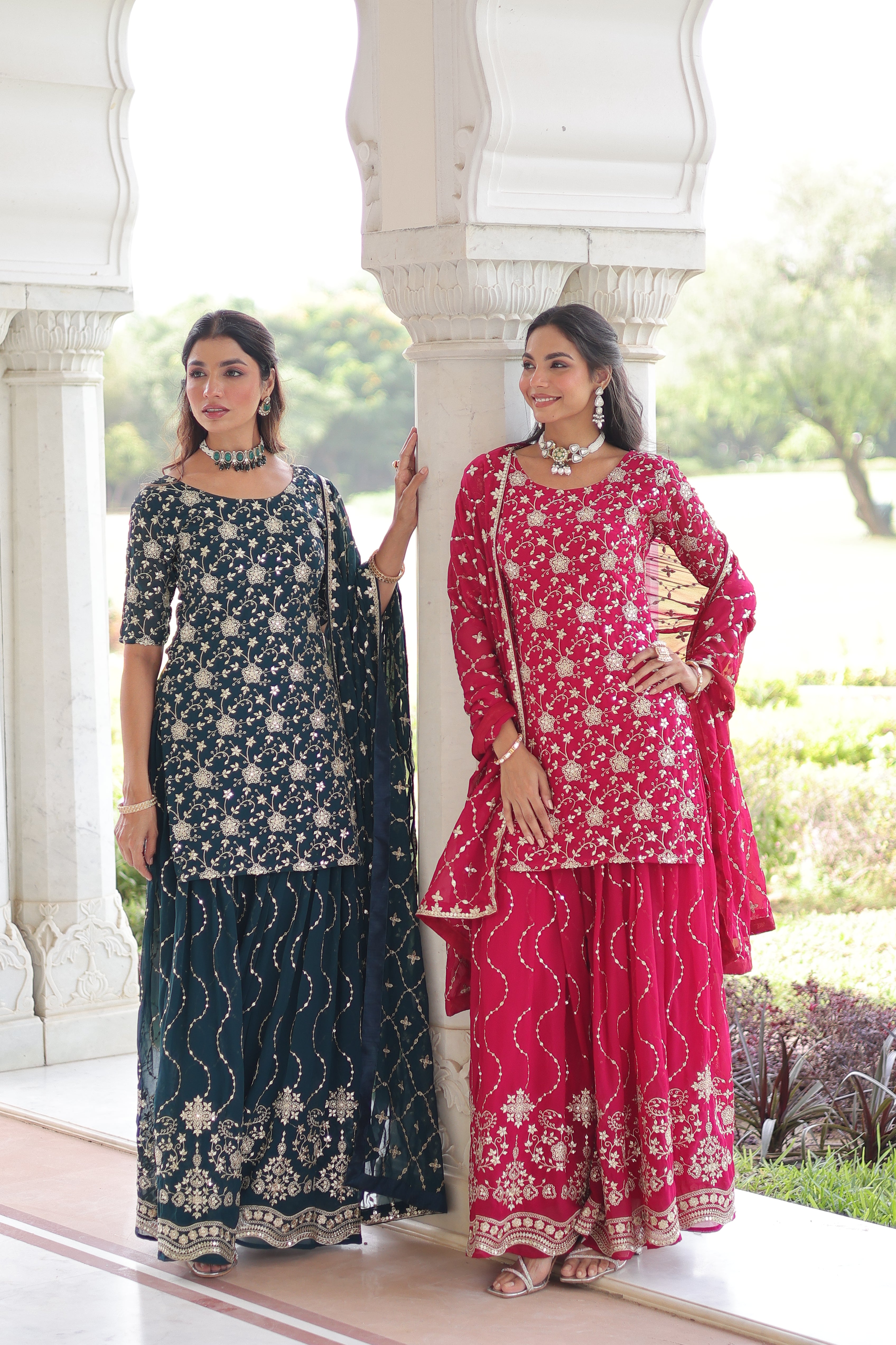 Georgette Sequins Embroidered Wedding Sharara Suit