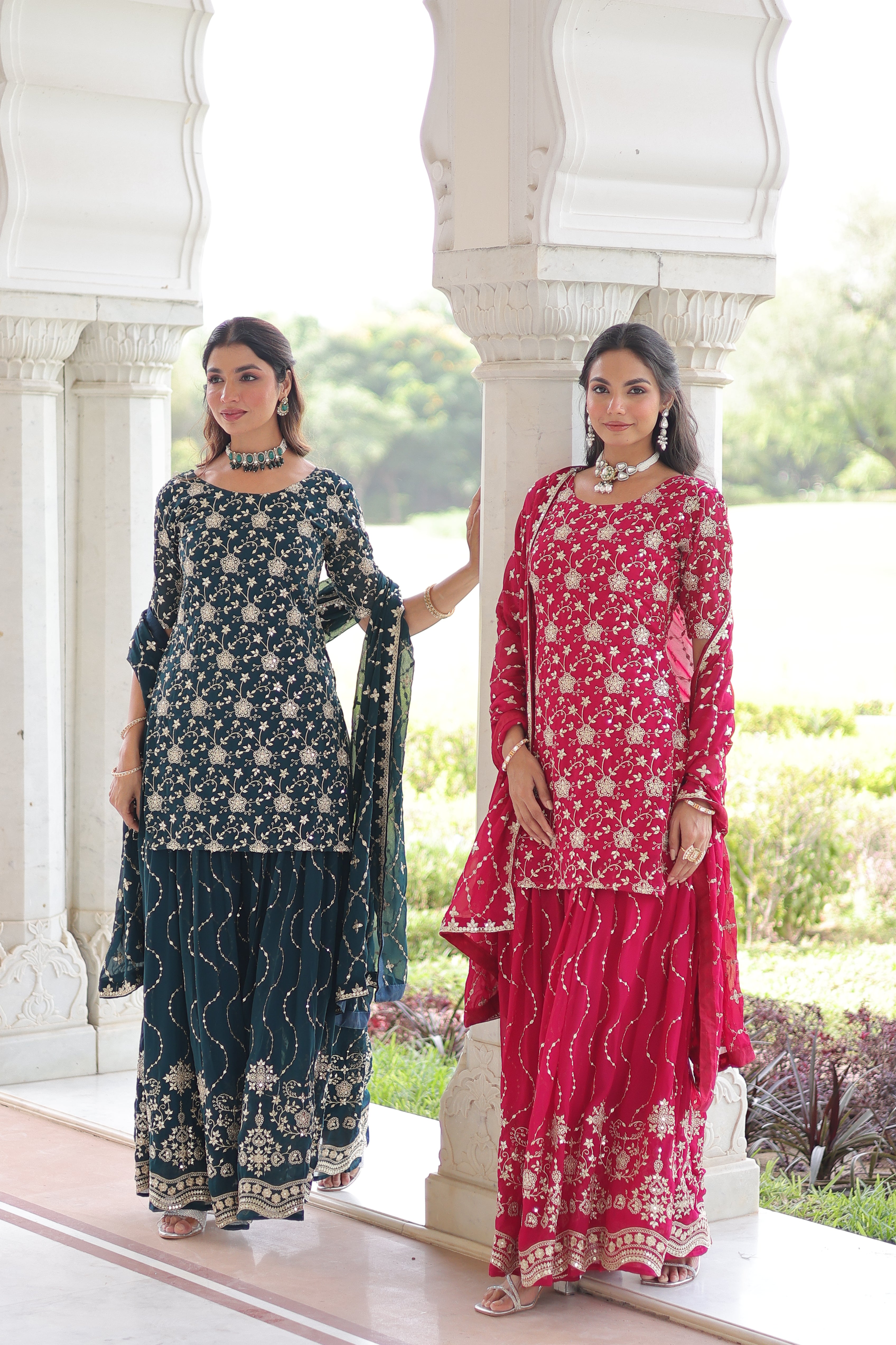 Georgette Sequins Embroidered Wedding Sharara Suit