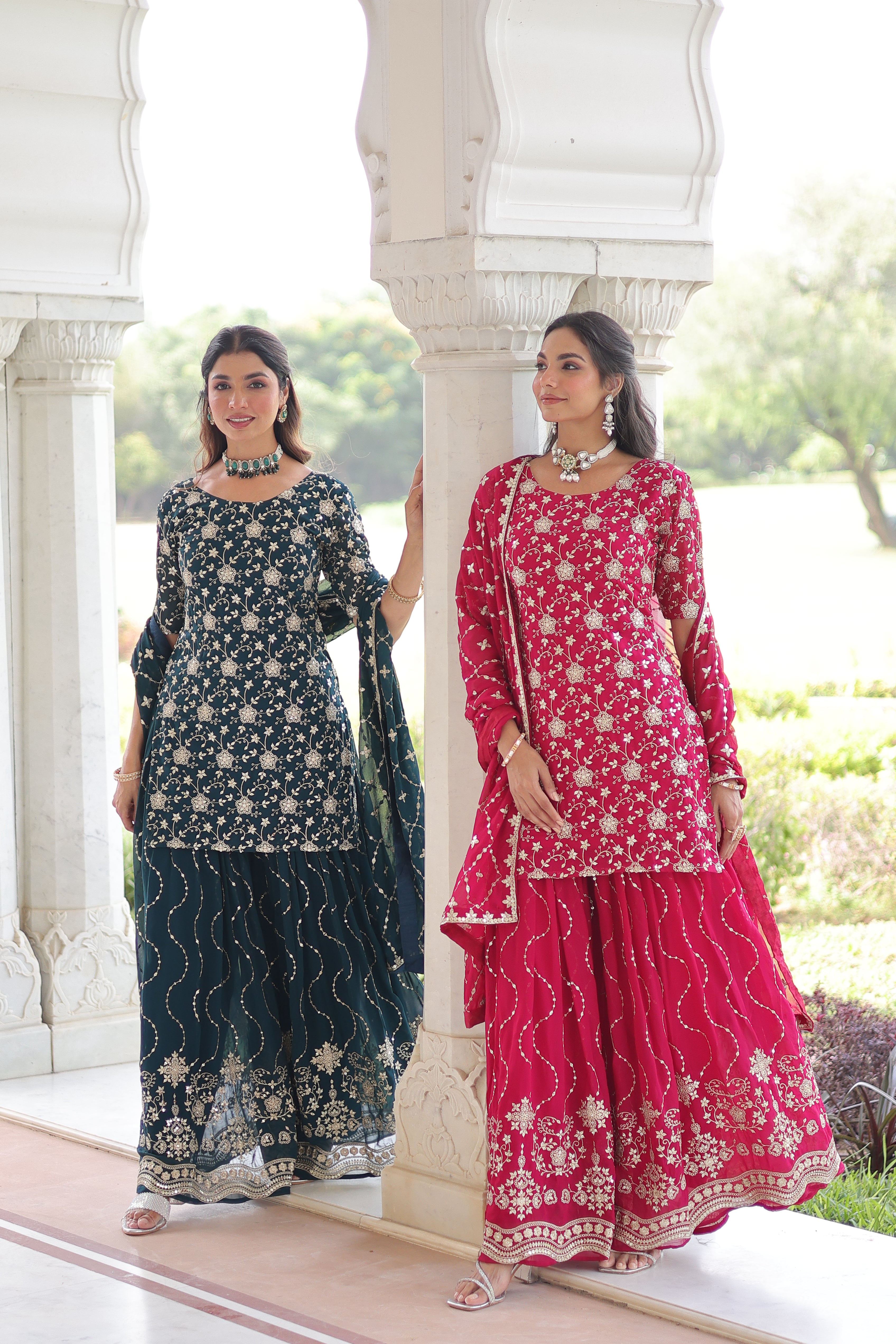 Georgette Sequins Embroidered Wedding Sharara Suit