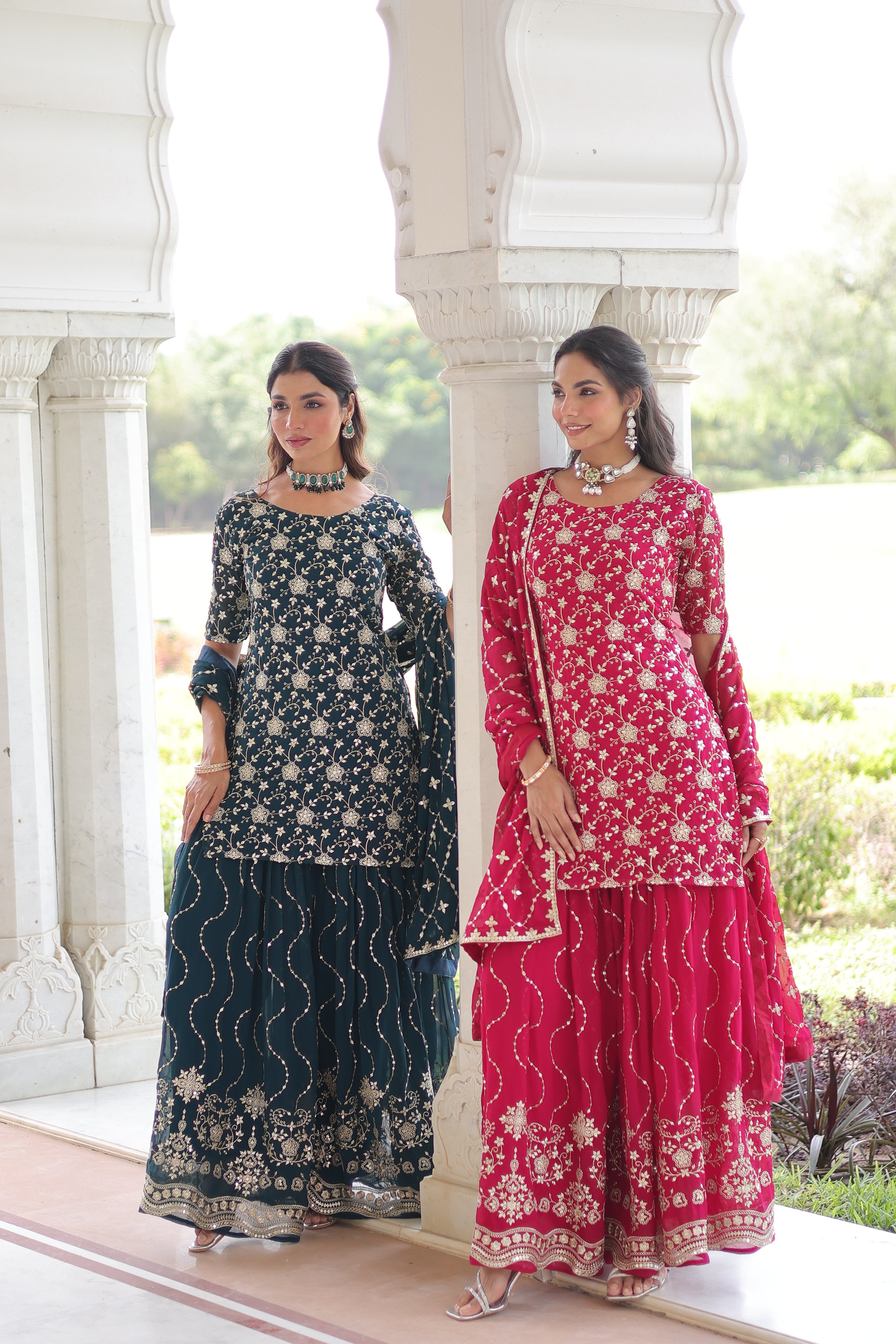 Georgette Sequins Embroidered Wedding Sharara Suit