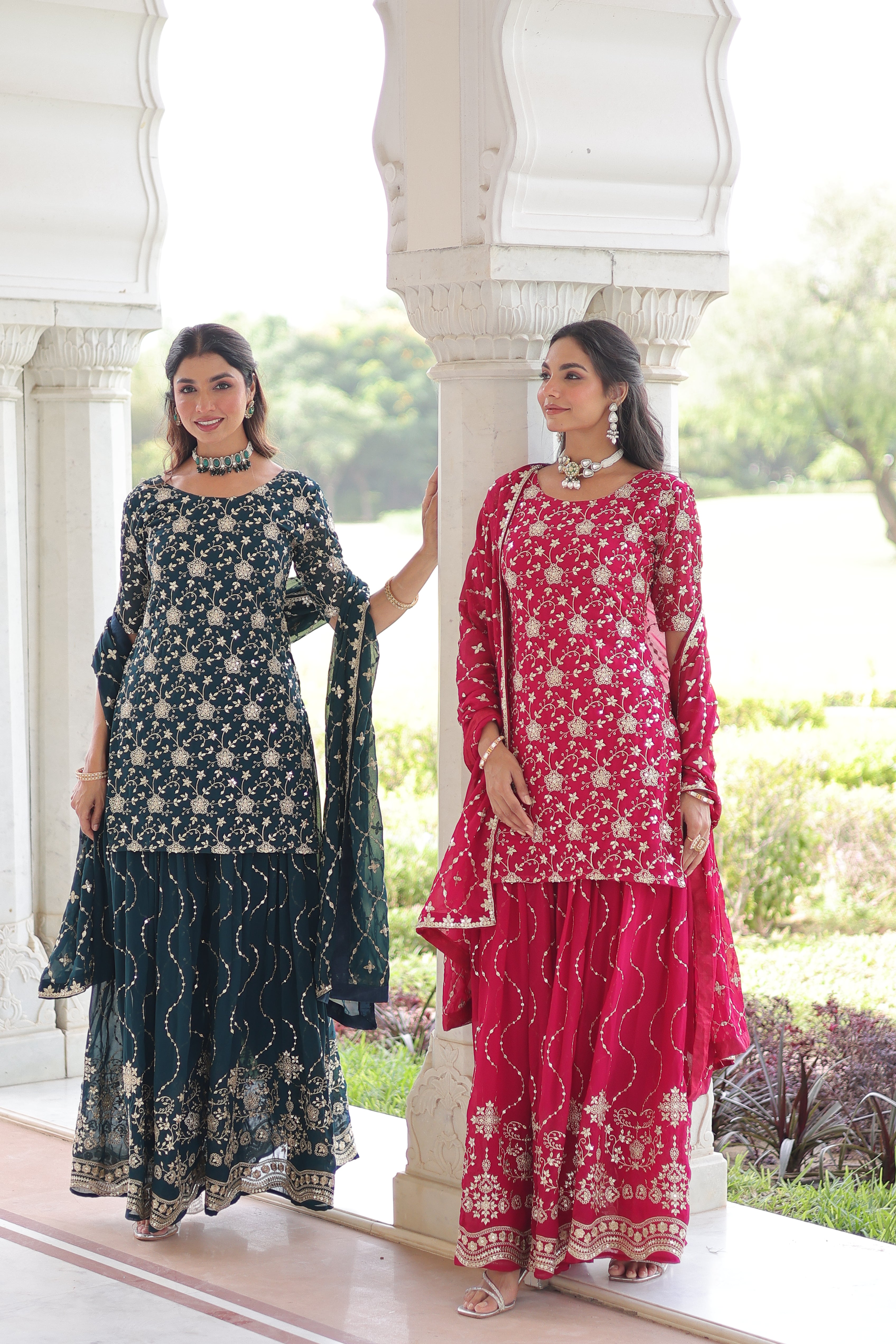 Georgette Sequins Embroidered Wedding Sharara Suit