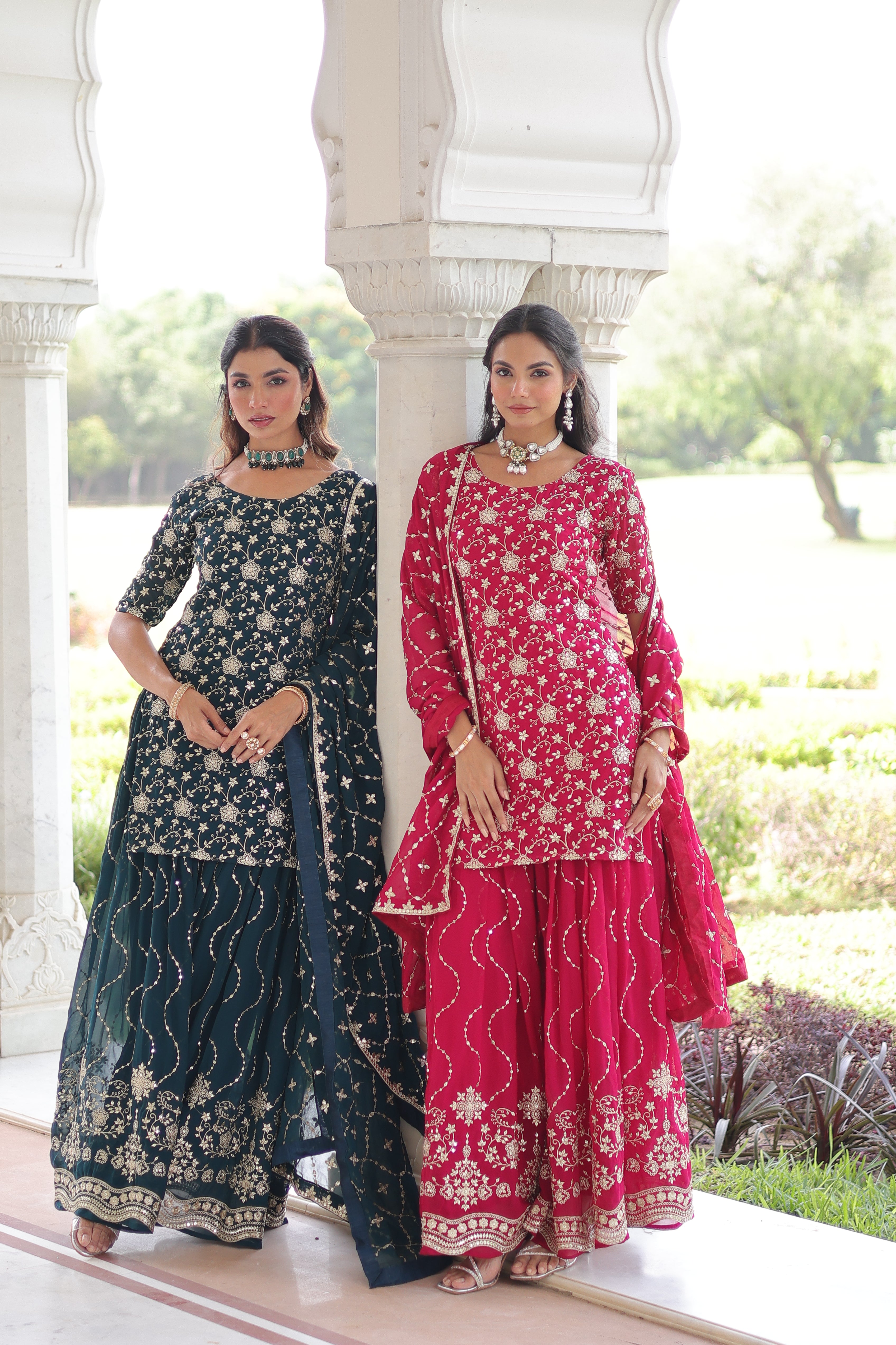 Georgette Sequins Embroidered Wedding Sharara Suit