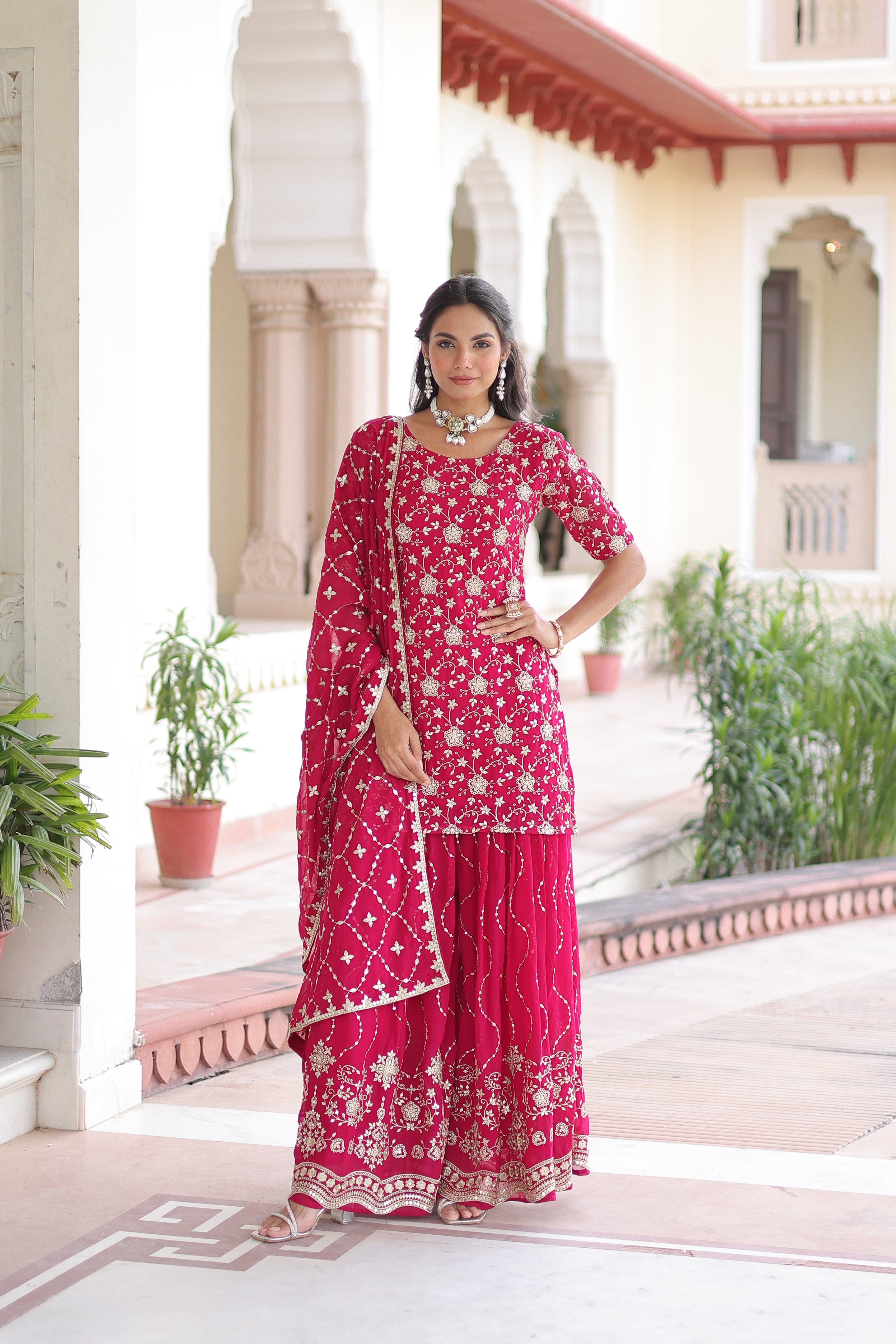 Georgette Sequins Embroidered Wedding Sharara Suit