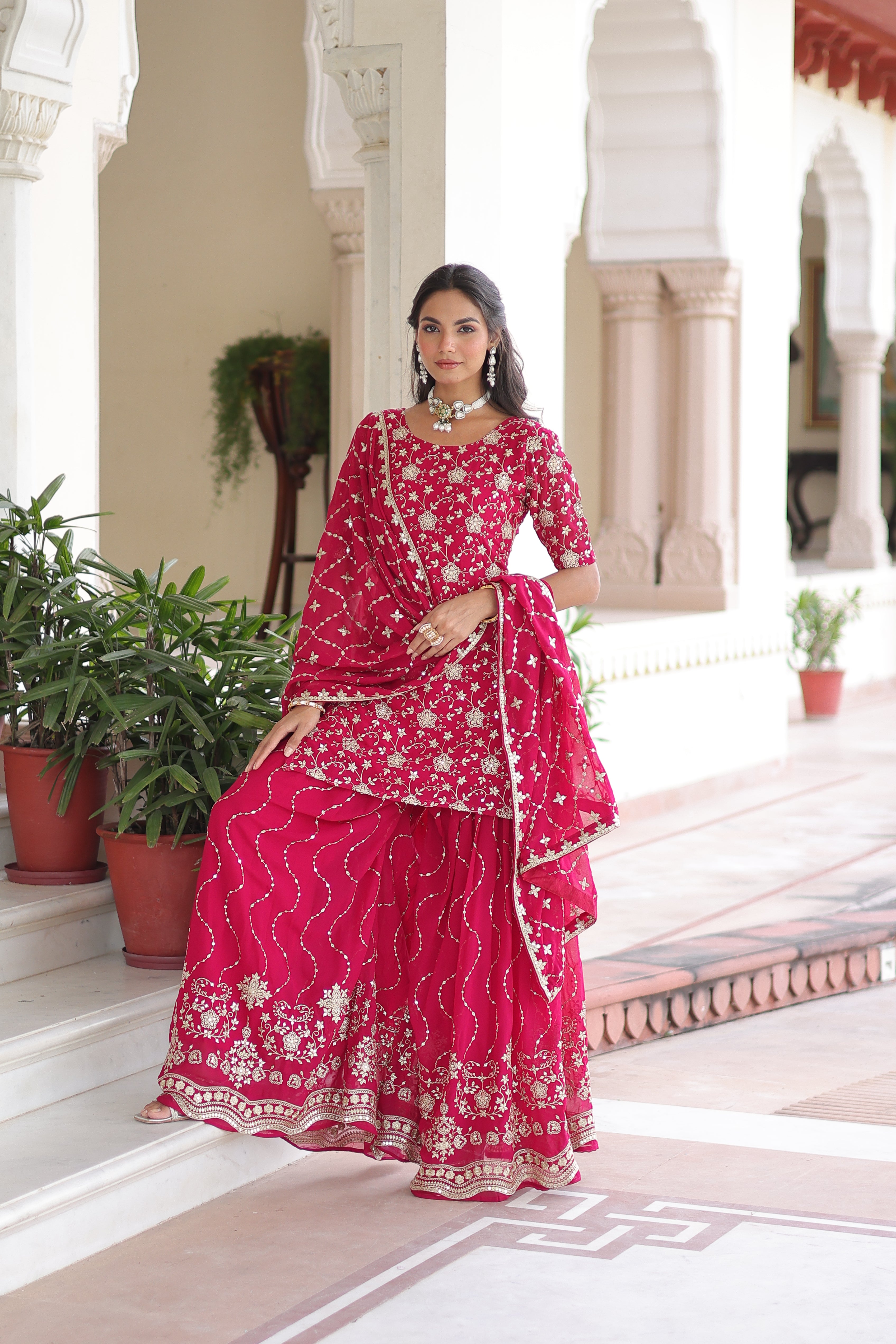 Georgette Sequins Embroidered Wedding Sharara Suit
