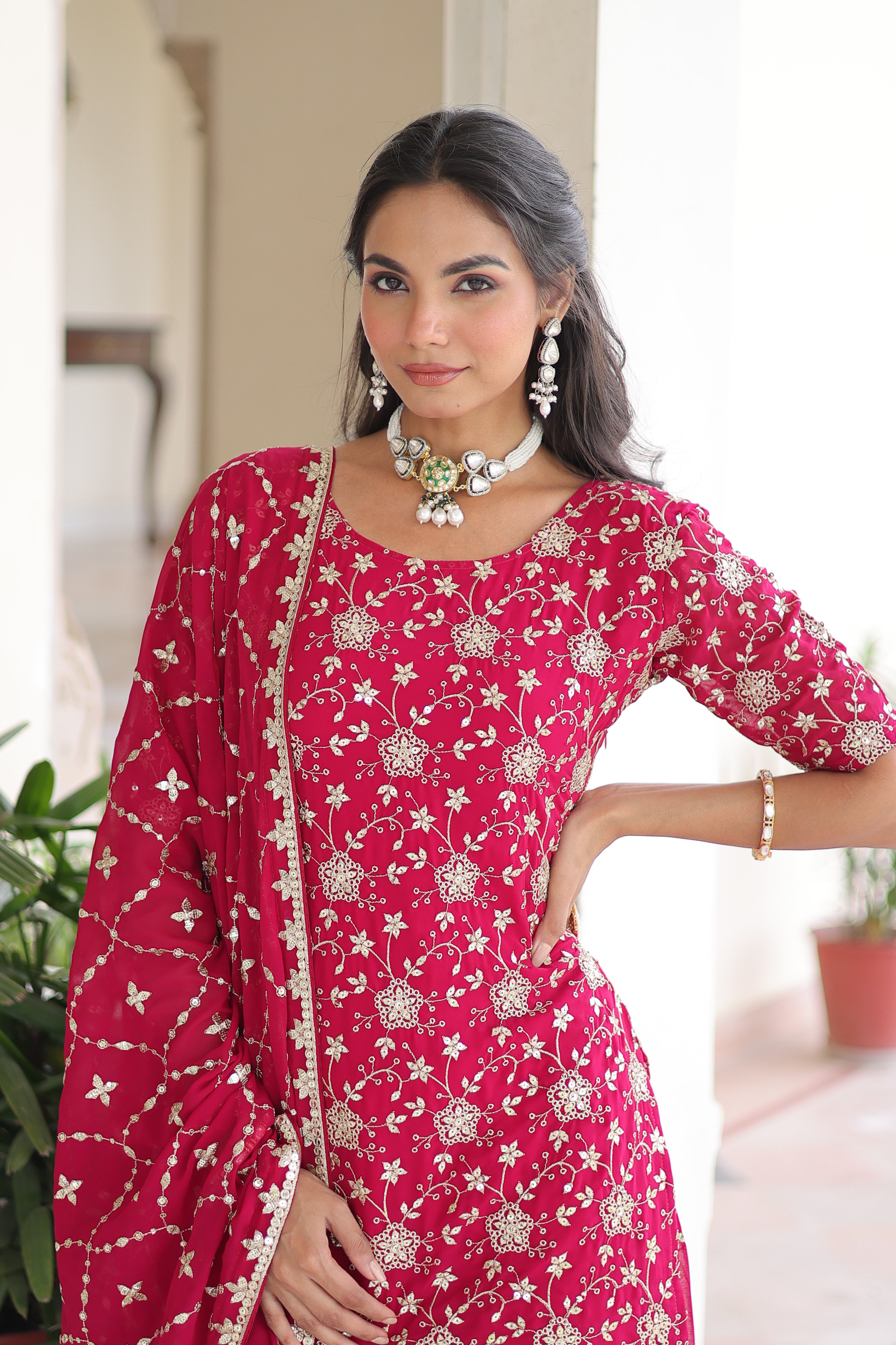 Georgette Sequins Embroidered Wedding Sharara Suit