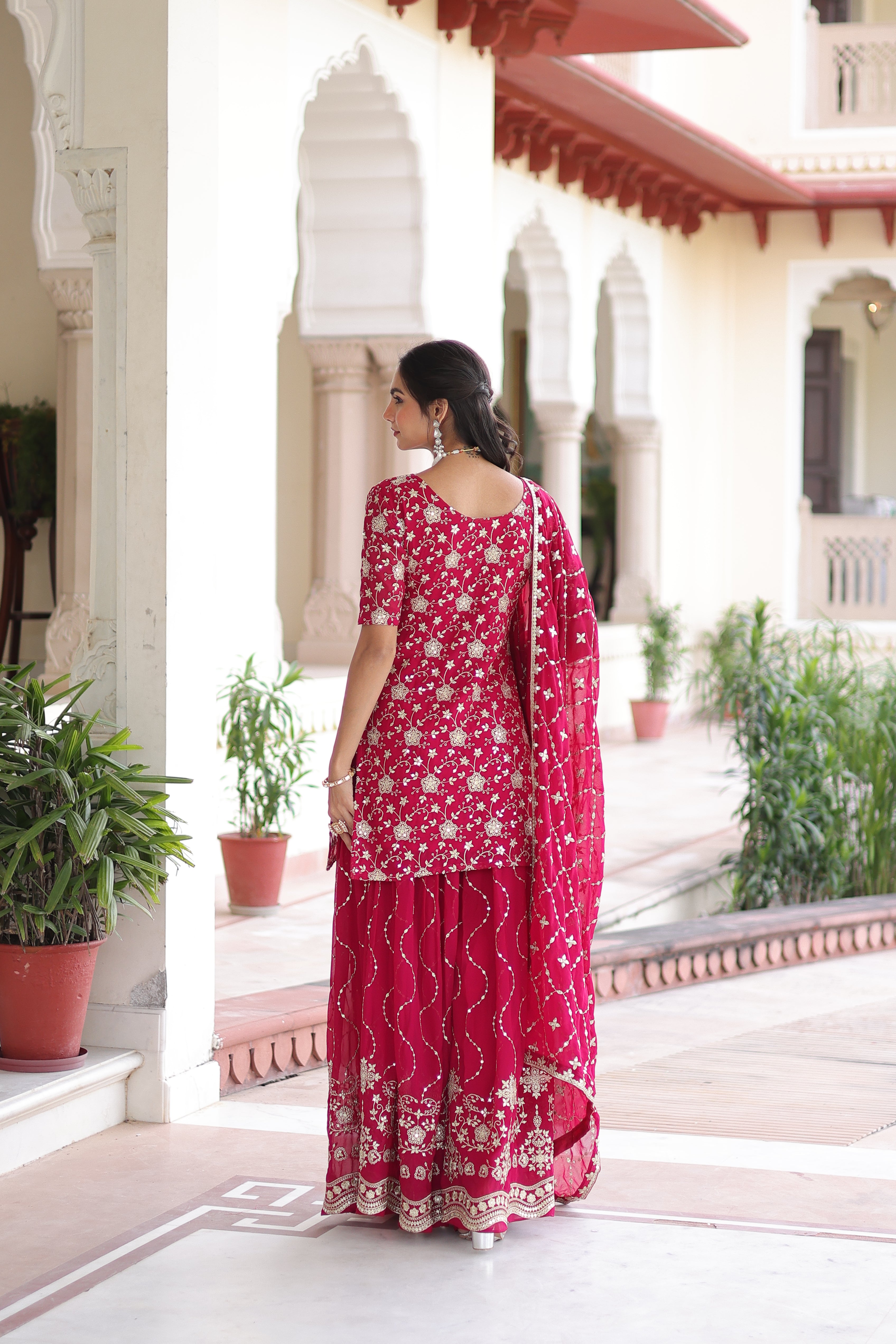 Georgette Sequins Embroidered Wedding Sharara Suit