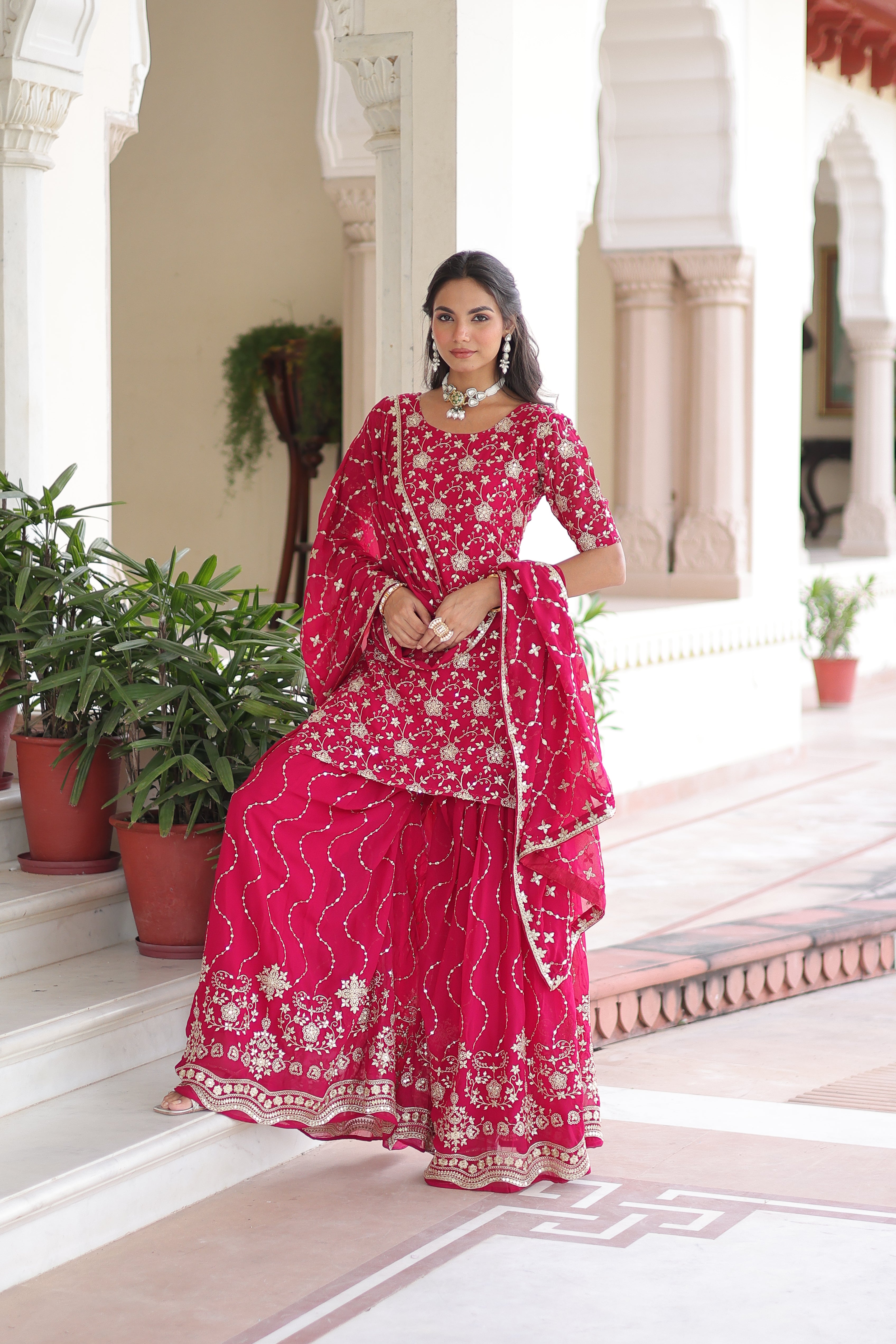 Georgette Sequins Embroidered Wedding Sharara Suit