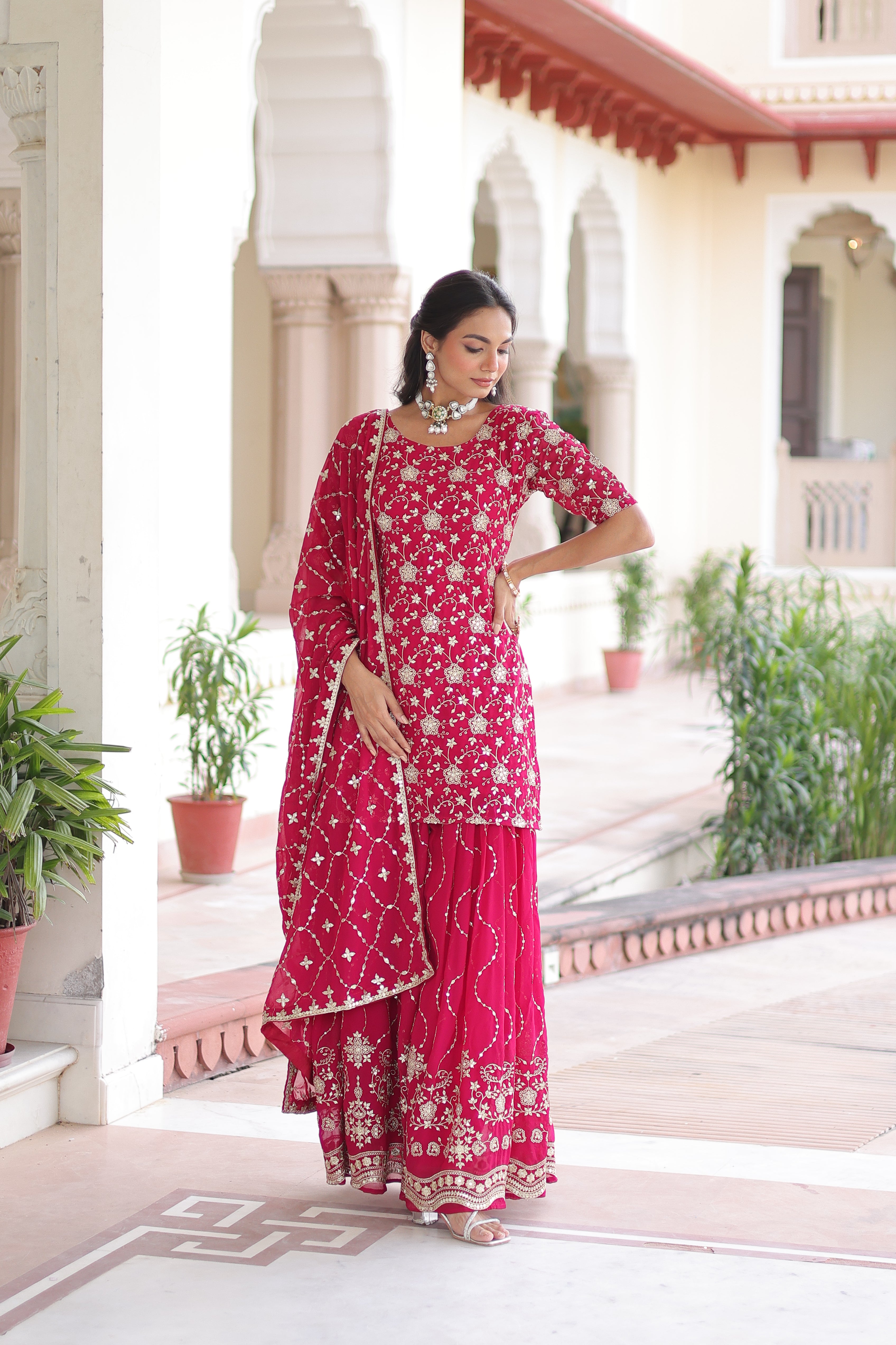 Georgette Sequins Embroidered Wedding Sharara Suit
