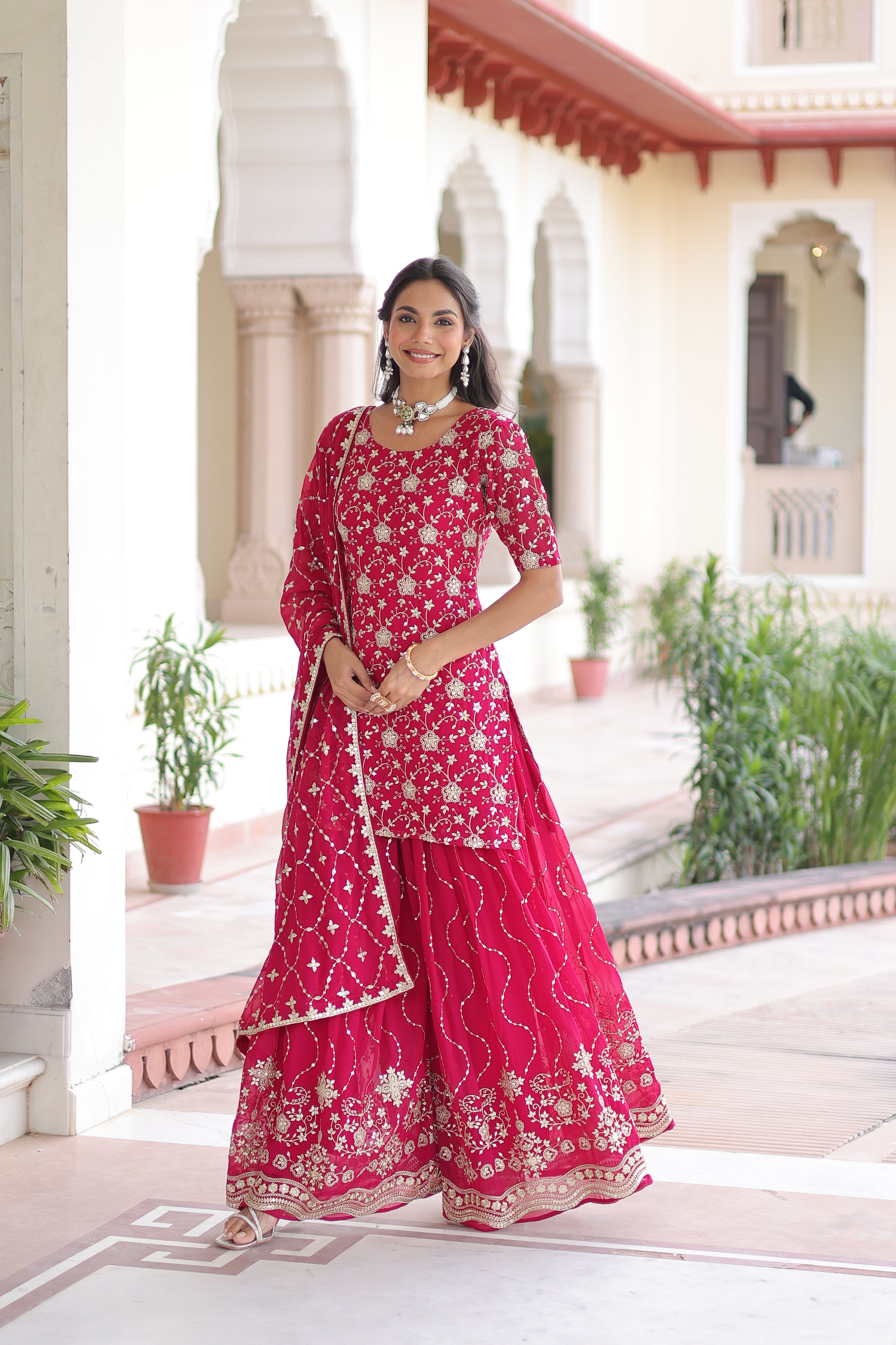 Georgette Sequins Embroidered Wedding Sharara Suit