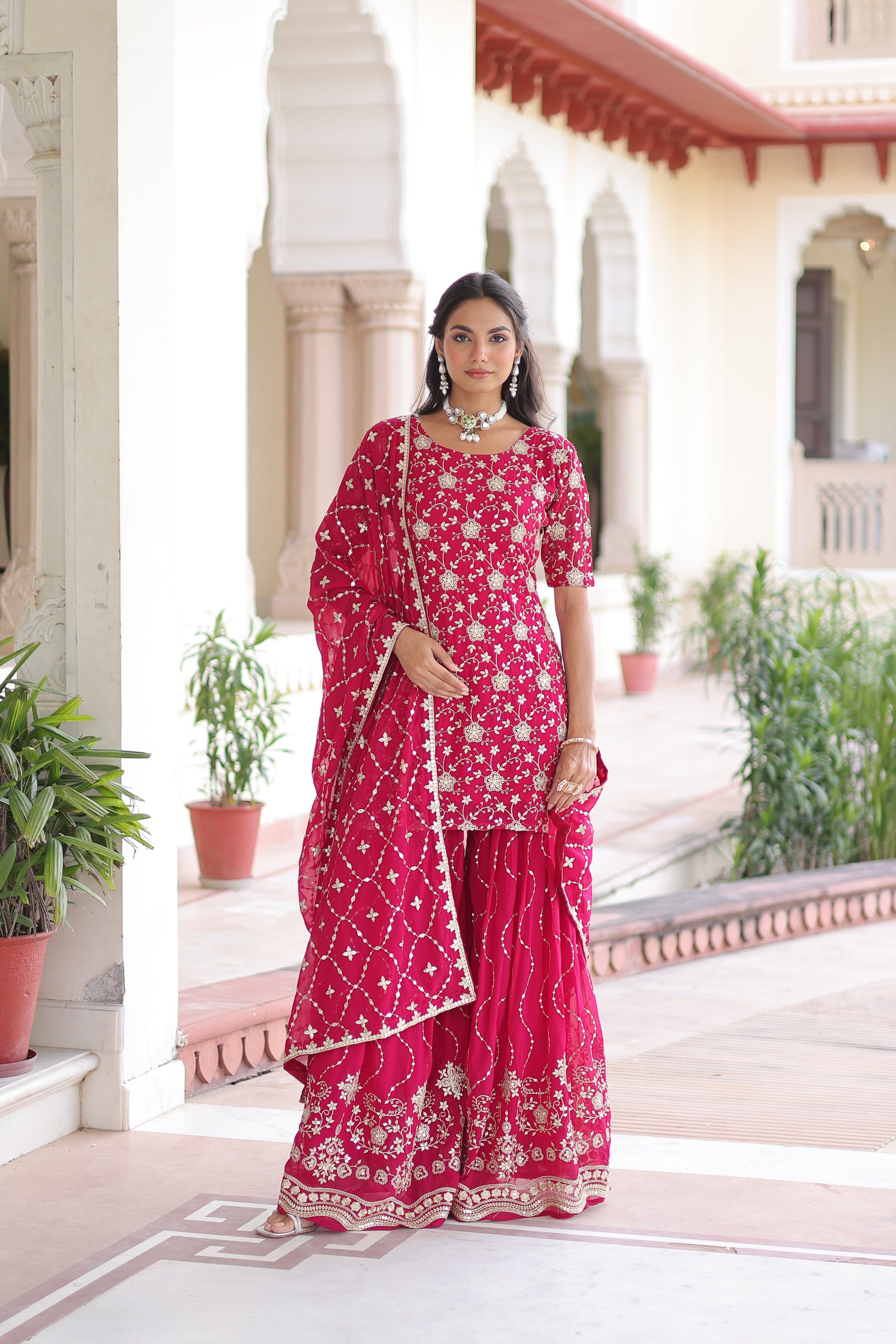 Georgette Sequins Embroidered Wedding Sharara Suit