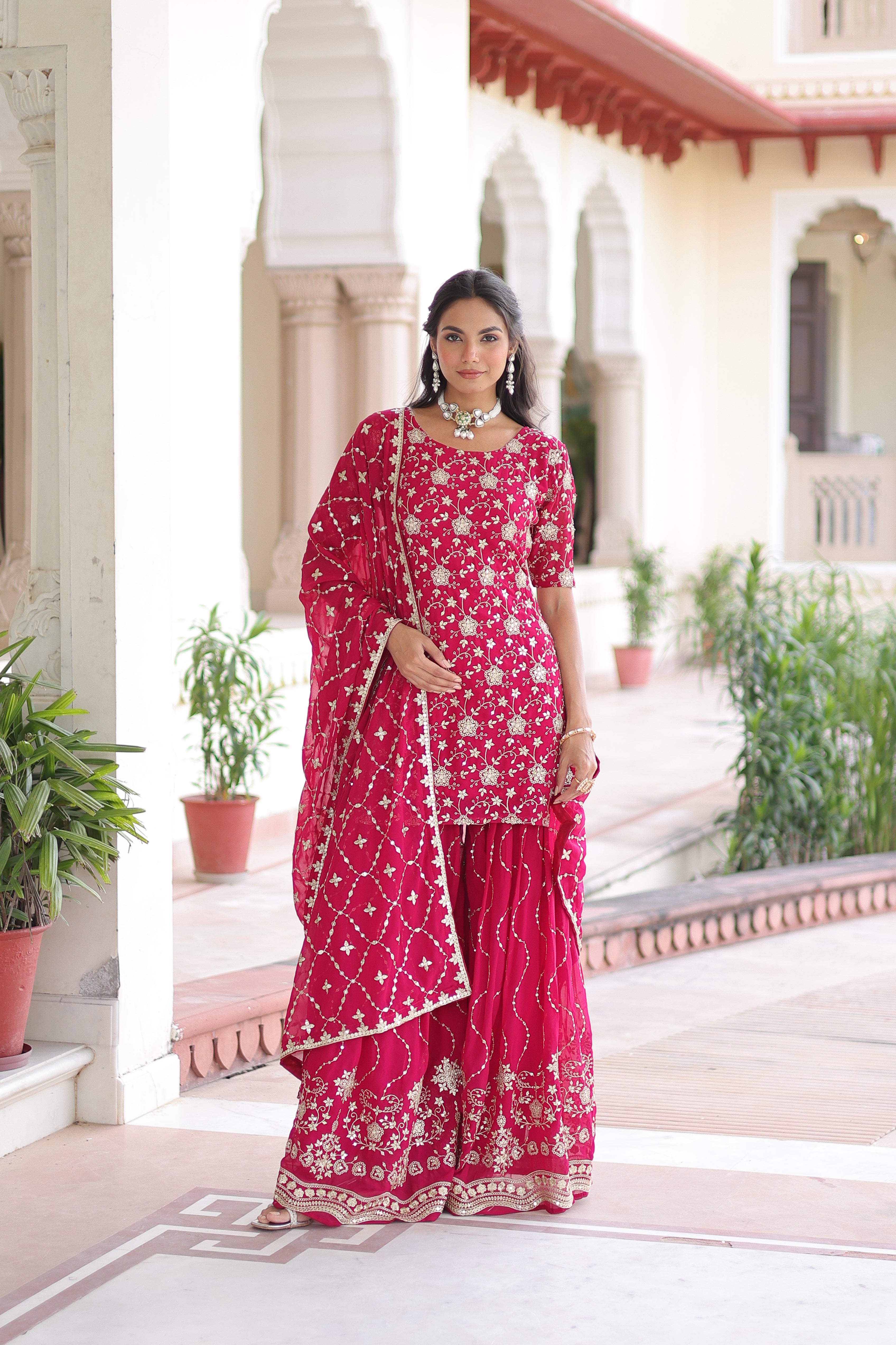 Georgette Sequins Embroidered Wedding Sharara Suit