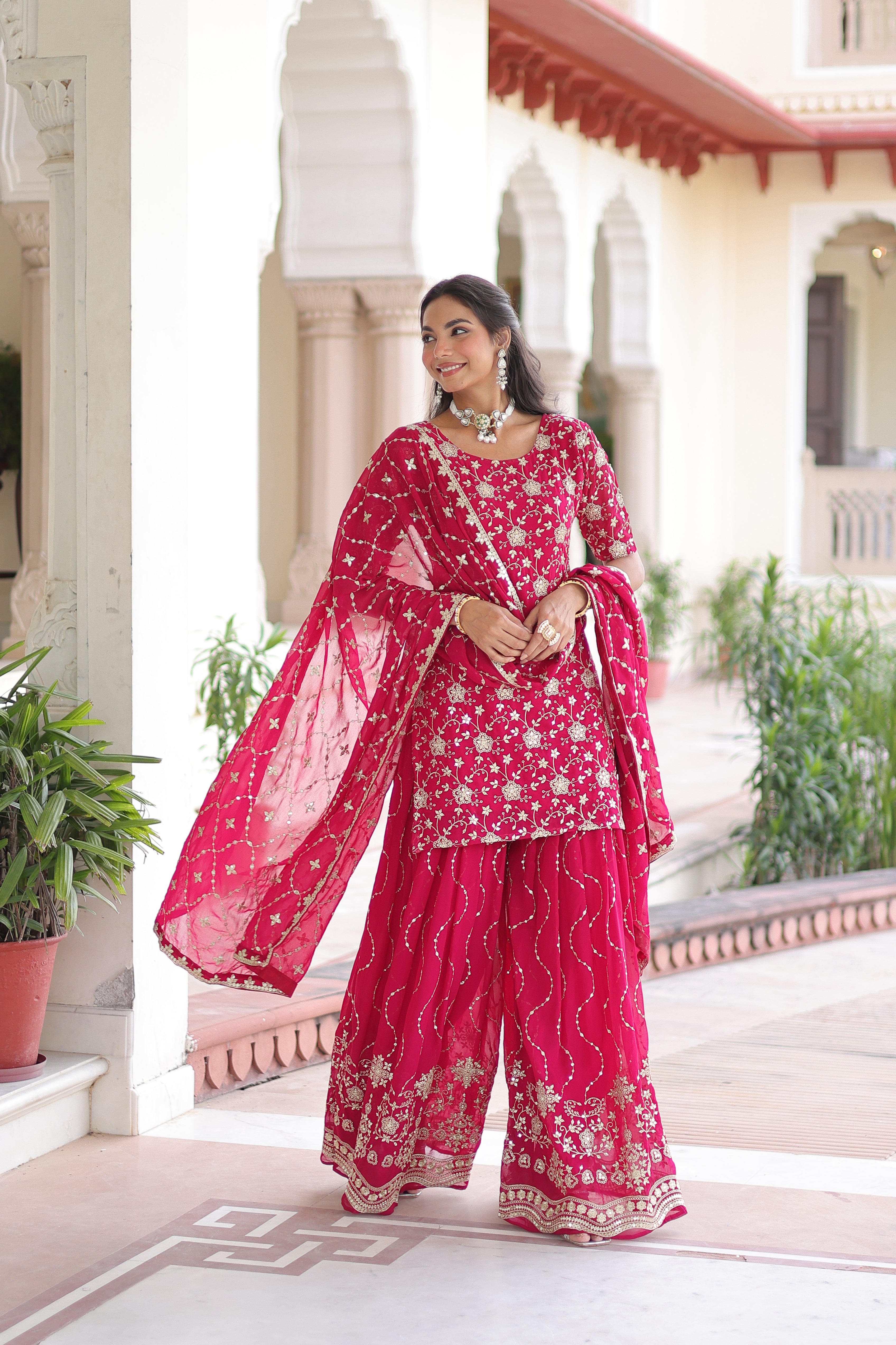 Georgette Sequins Embroidered Wedding Sharara Suit