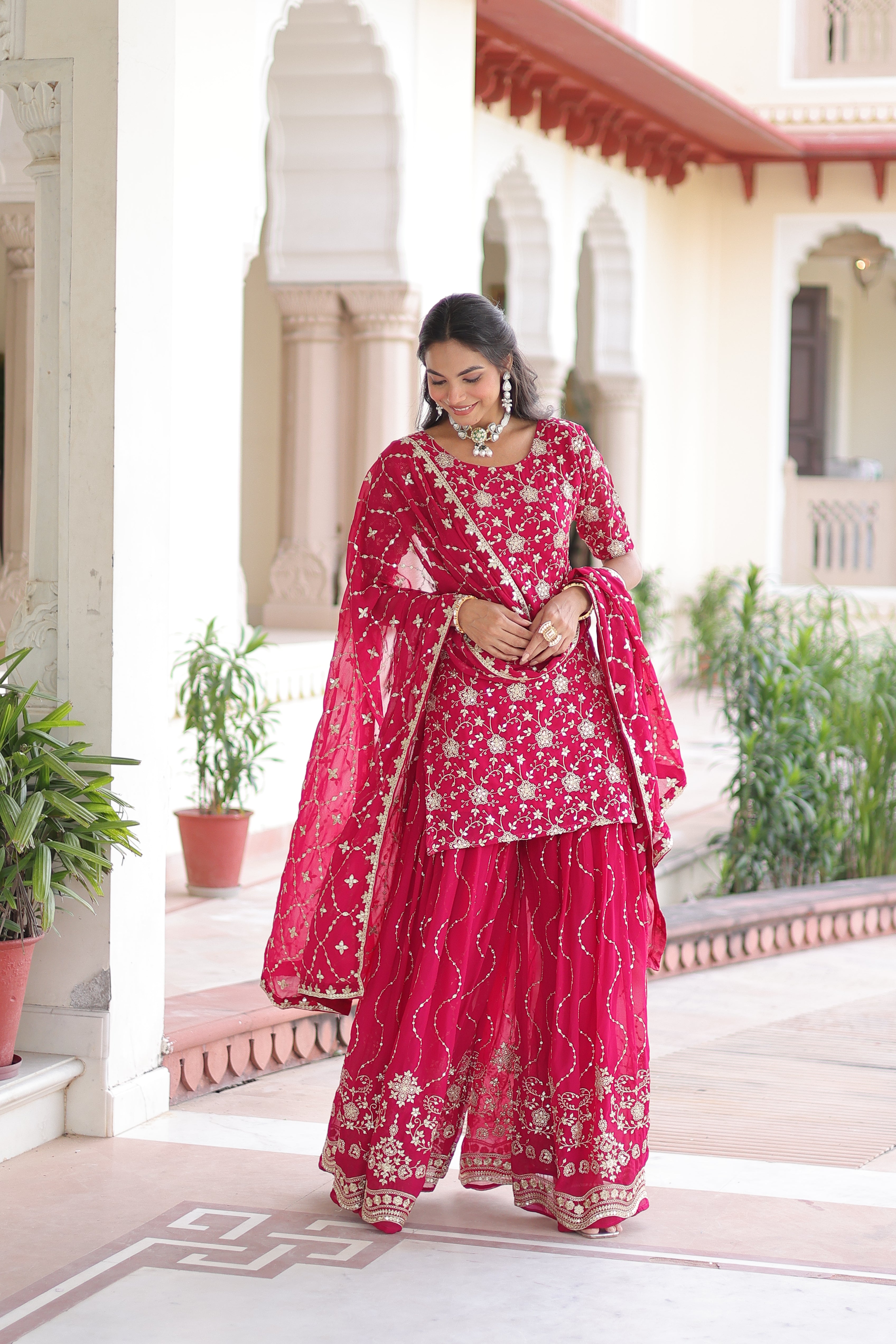 Georgette Sequins Embroidered Wedding Sharara Suit