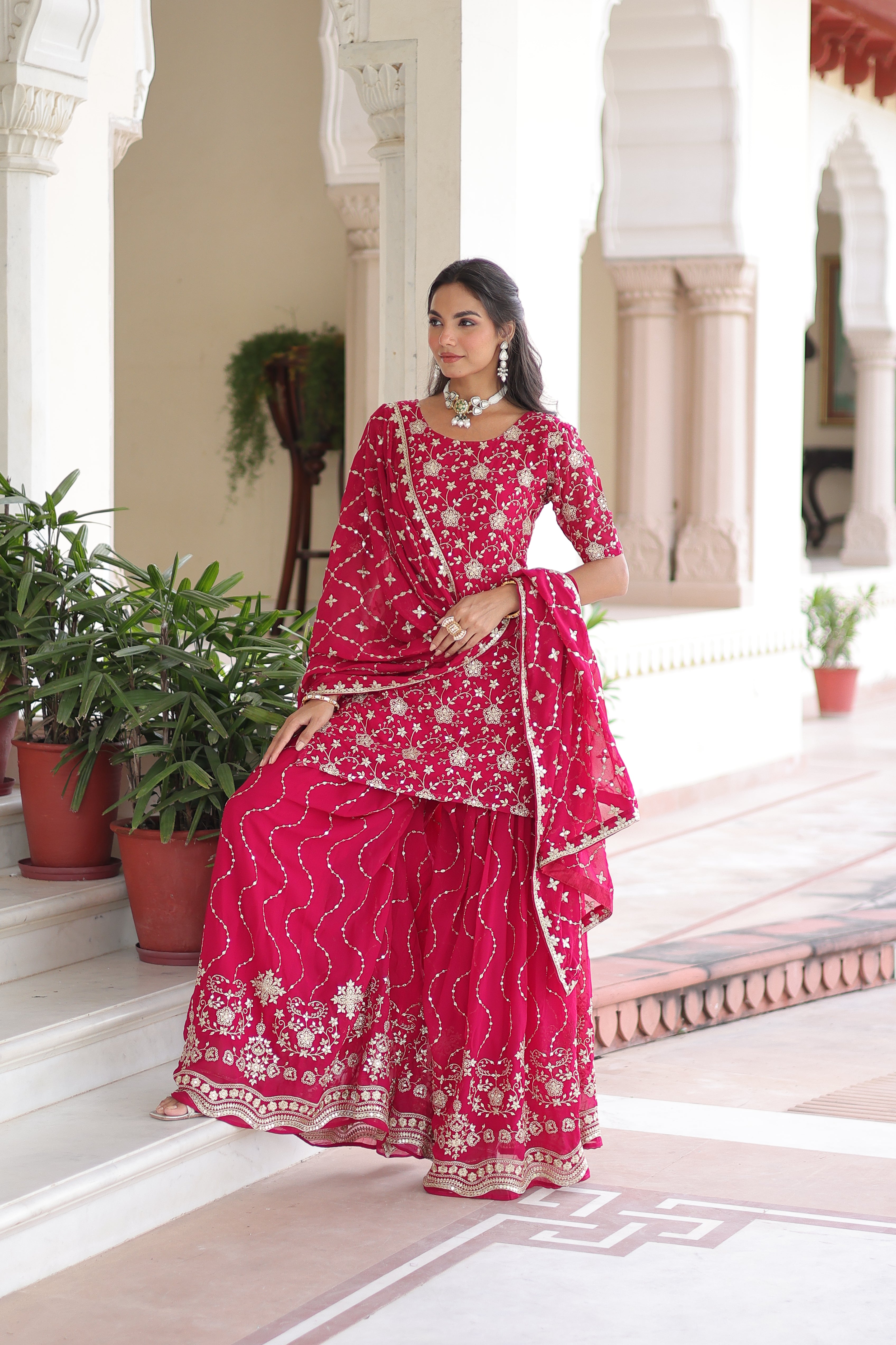 Georgette Sequins Embroidered Wedding Sharara Suit