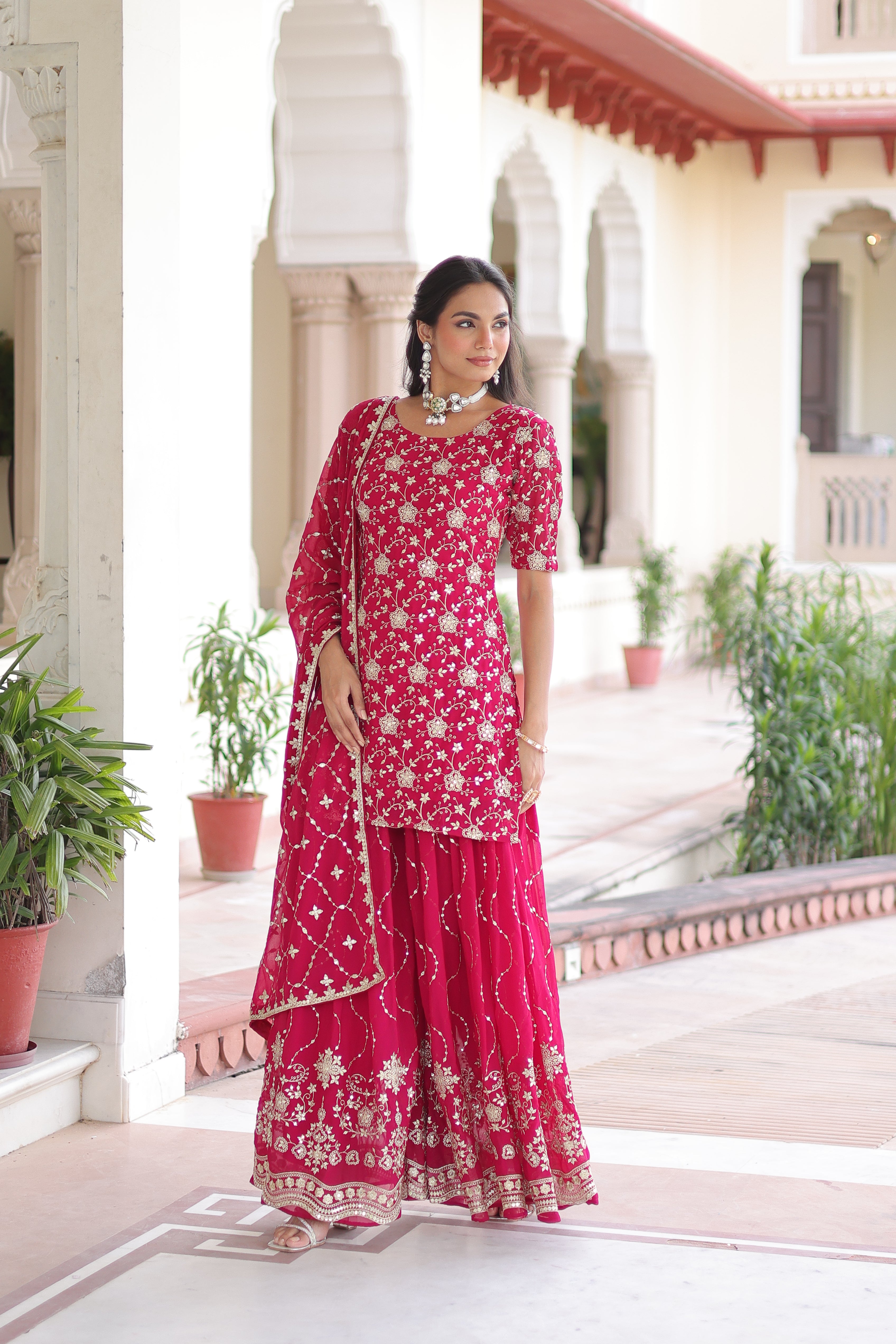 Georgette Sequins Embroidered Wedding Sharara Suit