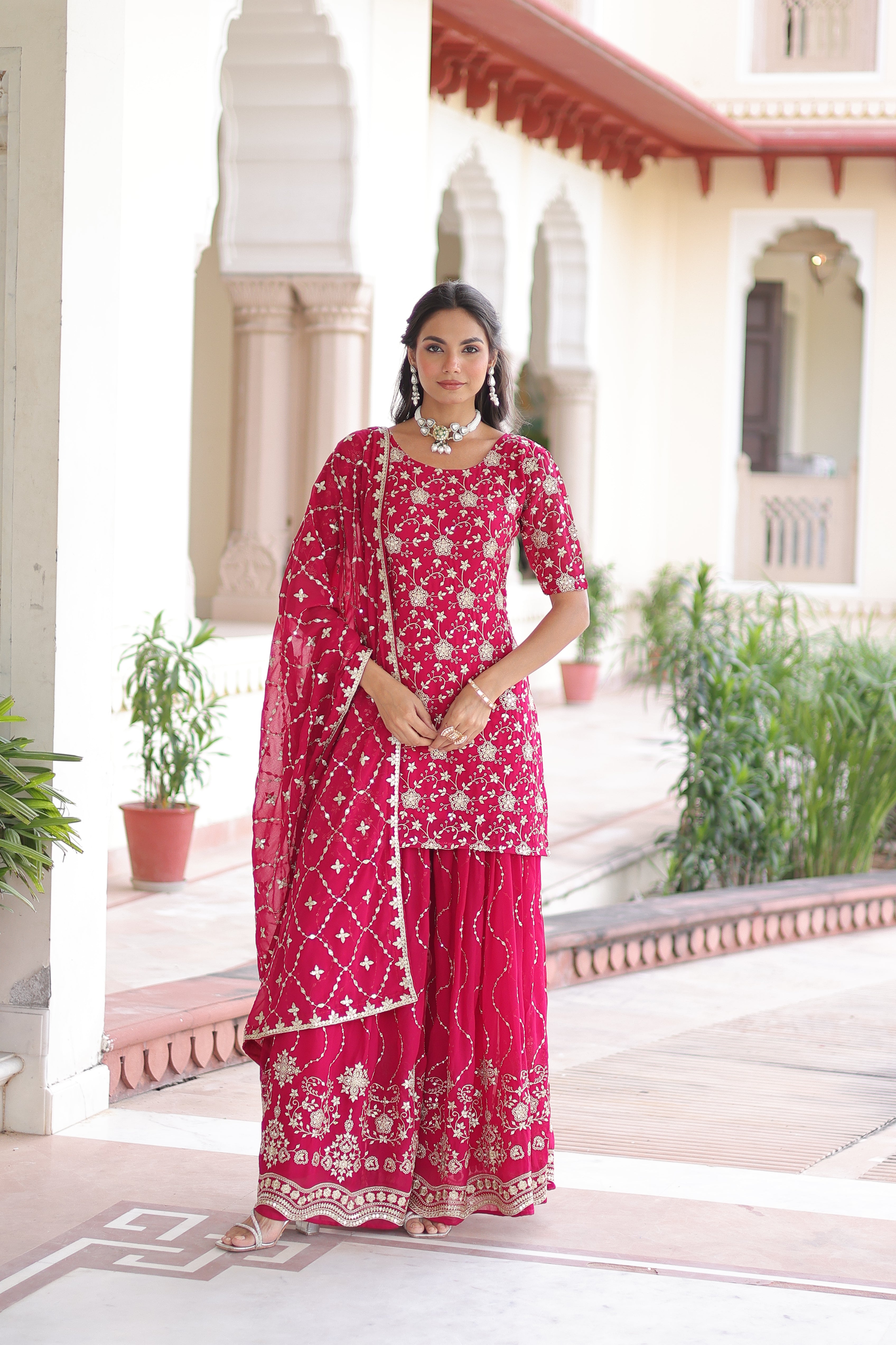 Georgette Sequins Embroidered Wedding Sharara Suit