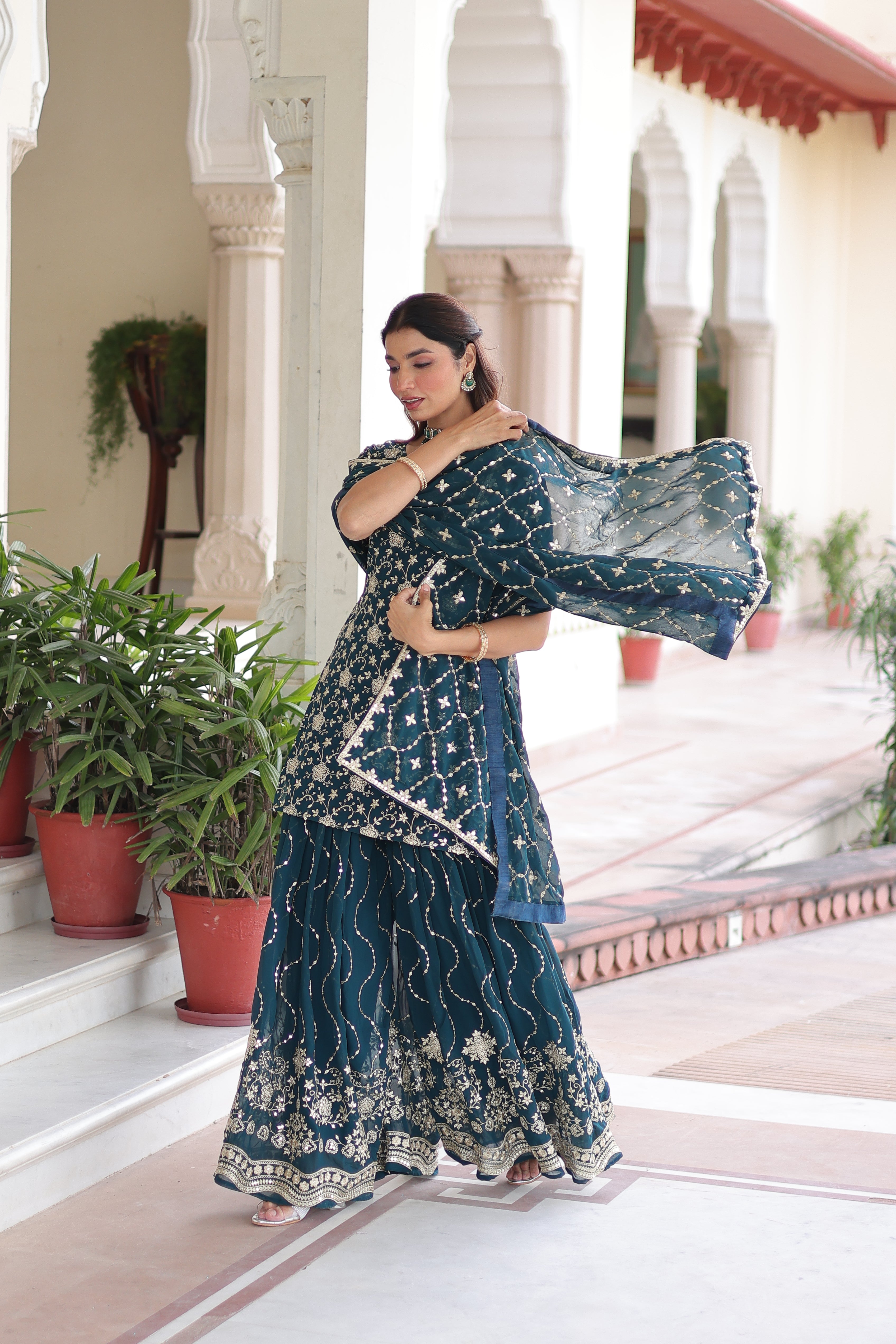 Georgette Sequins Embroidered Wedding Sharara Suit