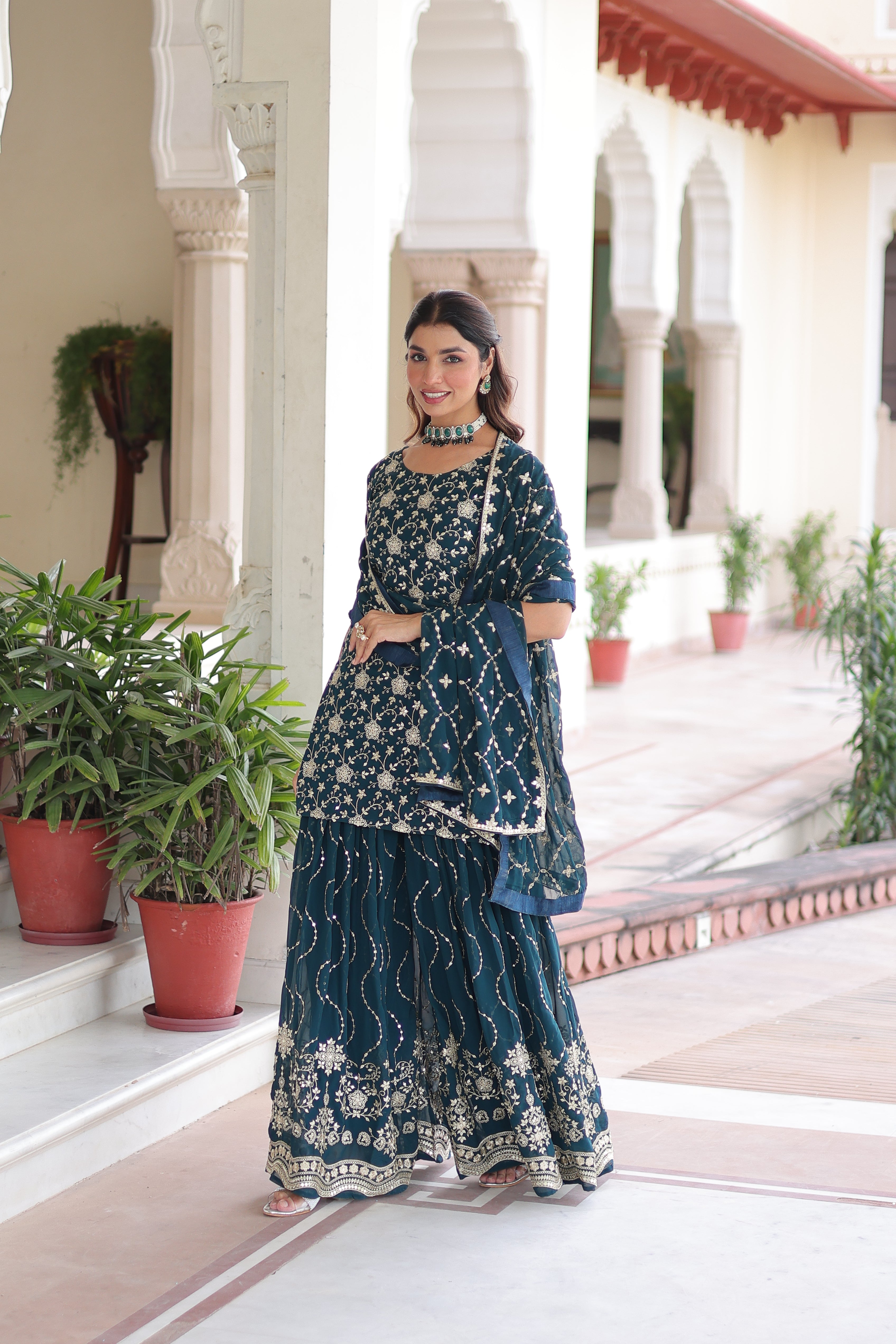 Georgette Sequins Embroidered Wedding Sharara Suit