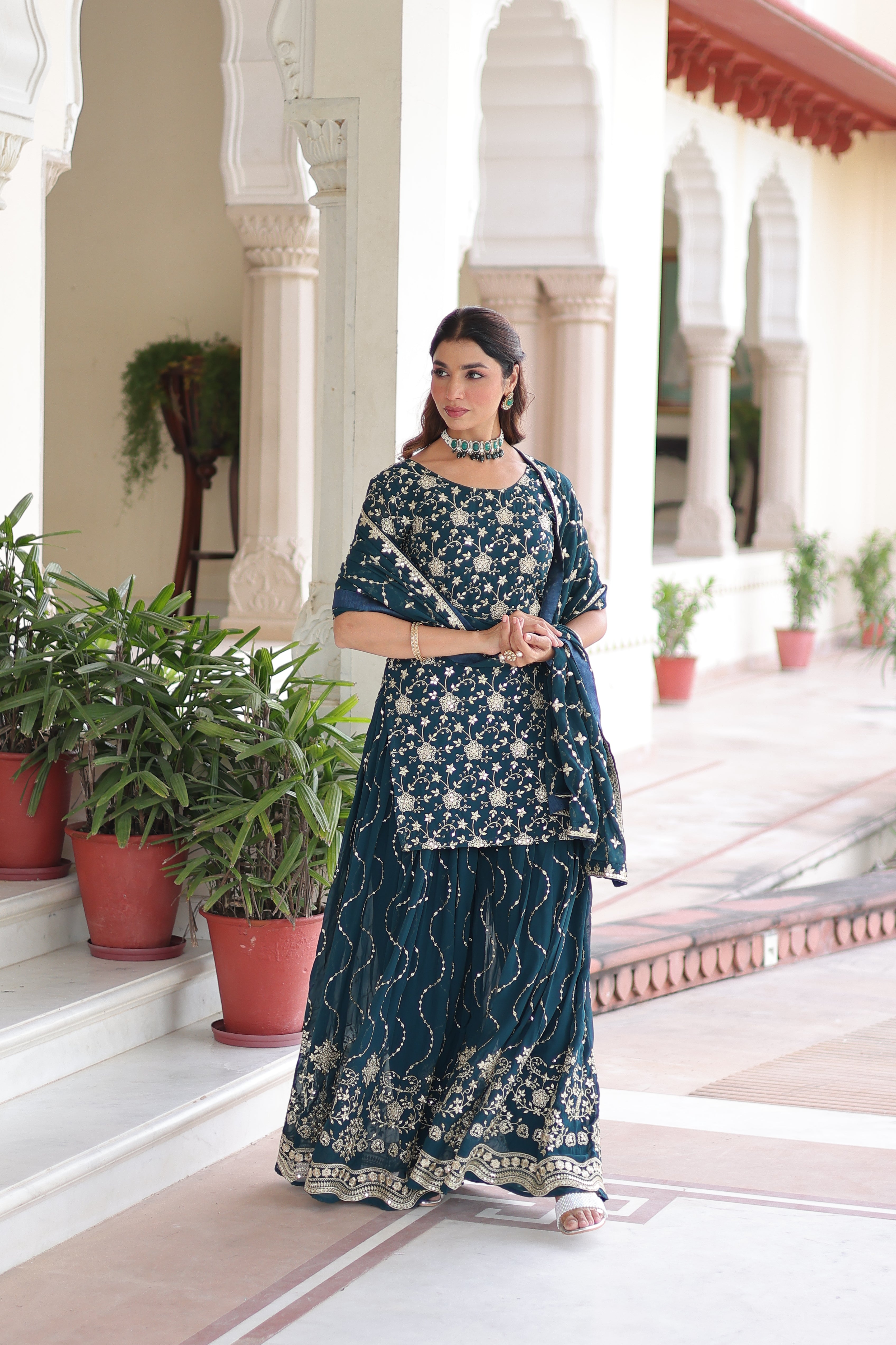 Georgette Sequins Embroidered Wedding Sharara Suit